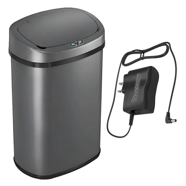 itouchless-50l-13-gallon-gray-oval-sensor-kitchen-trash-can-with-ac-adapter-and- image 1