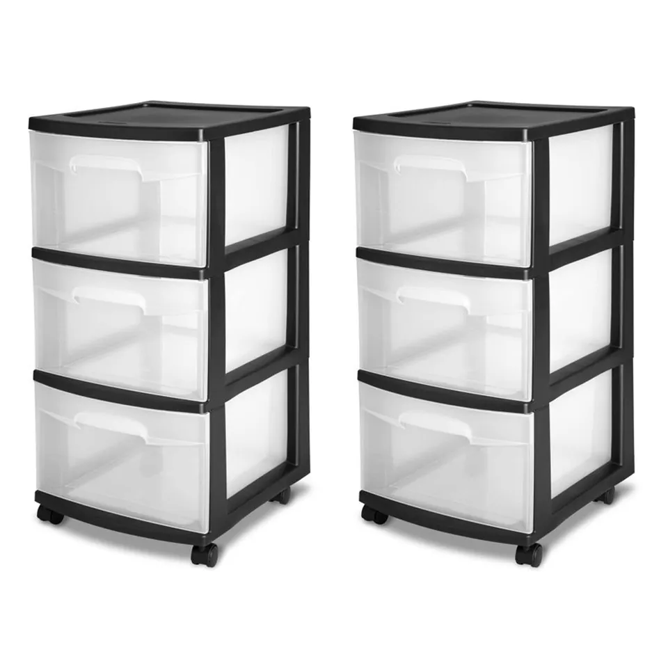 sterilite-3-drawer-storage-cart-plastic-rolling-cart-with-wheels-black-with-clea image 1
