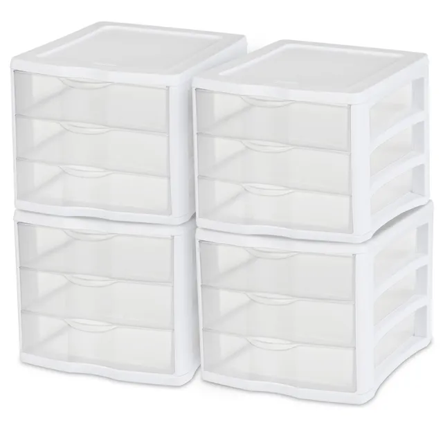 sterilite-3-drawer-organizer-unit-with-clear-drawers-and-white-frame-4-pack-stac image 1