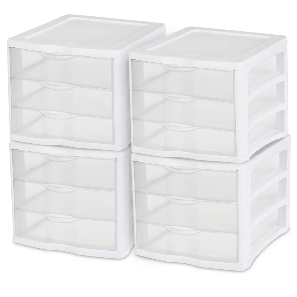sterilite-3-drawer-organizer-unit-with-clear-drawers-and-white-frame-4-pack-stac image 1