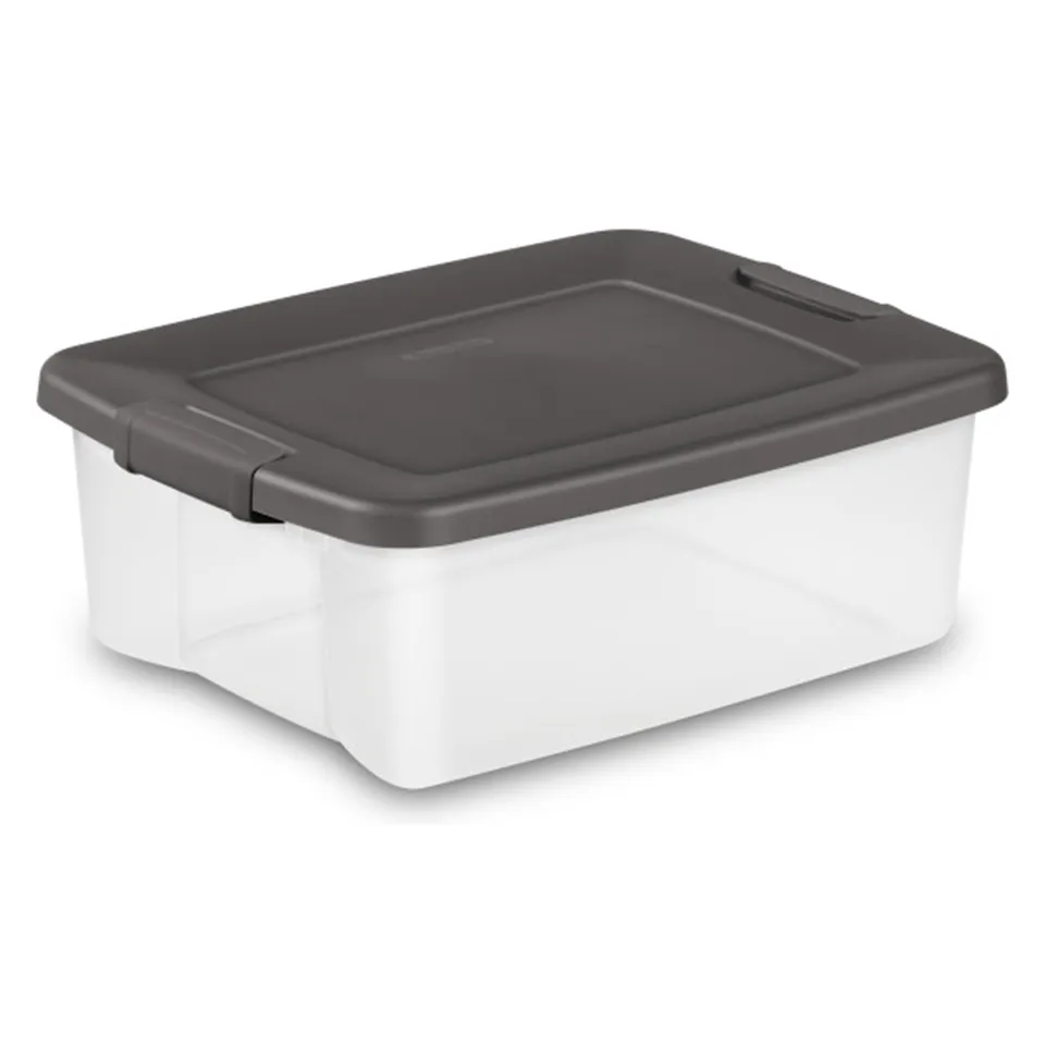 sterilite-25-qt-shelf-tote-with-driftwood-lid-clear-base-36-pack image 1