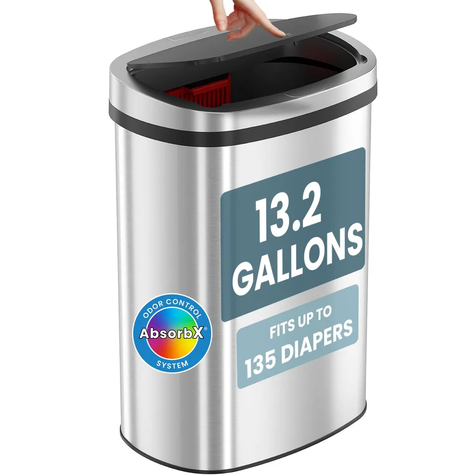 itouchless-13-gallon-press-open-diaper-pail-stainless-steel-with-absorbx-odor-fi image 1