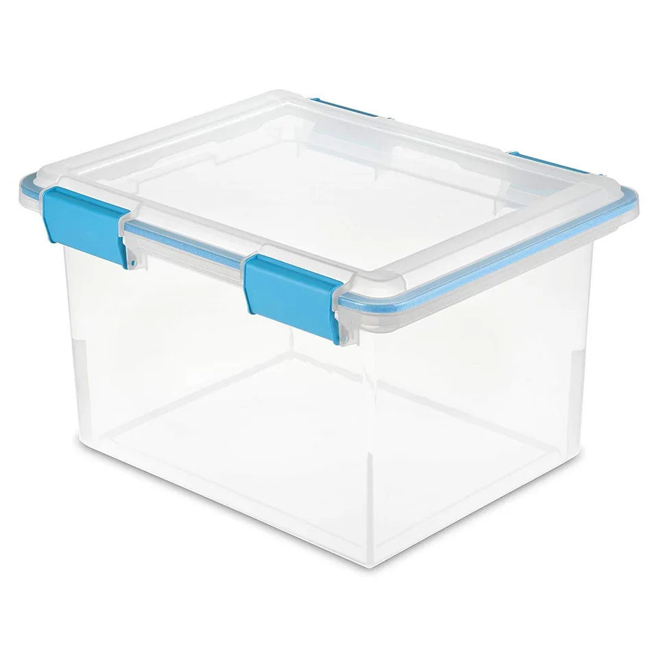 sterilite-32-quart-stackable-clear-plastic-storage-tote-with-blue-gasket-latchin image 1