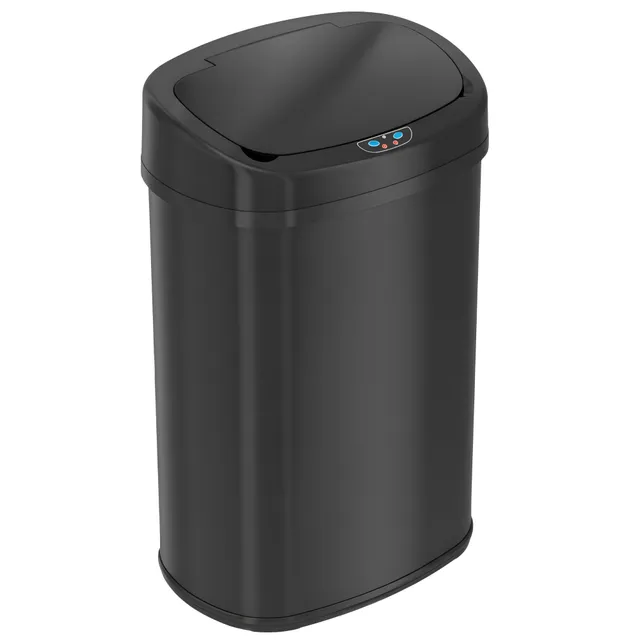 itouchless-13-gallon-oval-matte-black-stainless-steel-sensor-trash-can-with-abso image 1