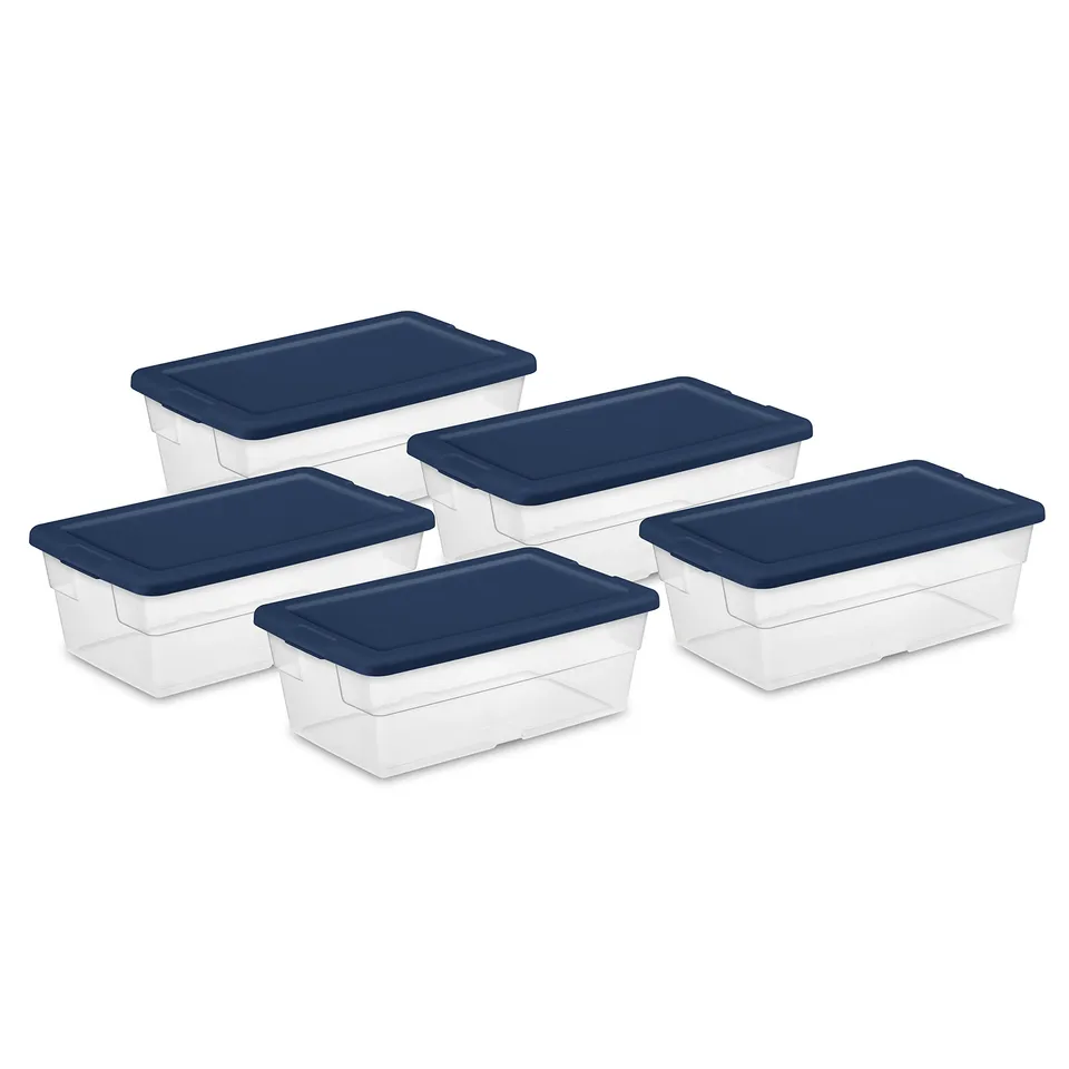 sterilite-stackable-6-quart-clear-storage-box-with-handles-and-blue-lid-90-pack- image 1