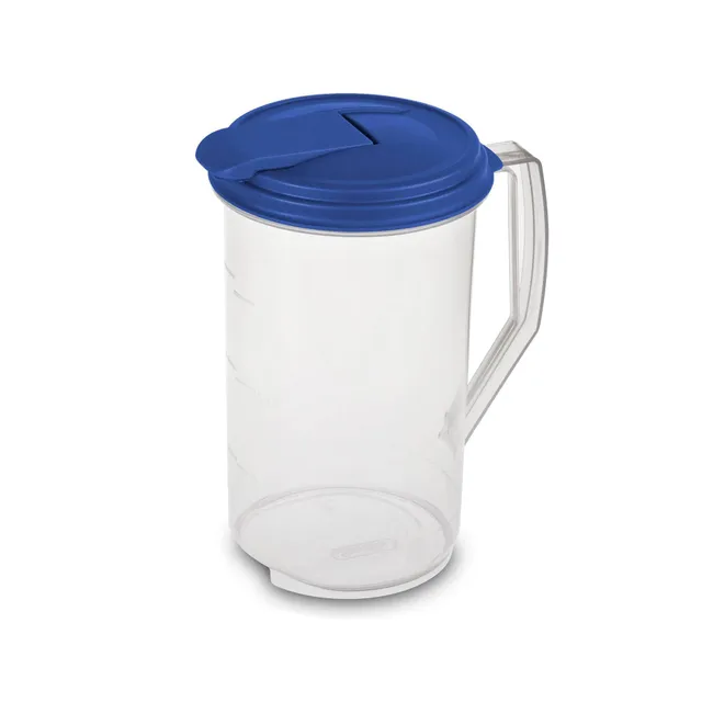 sterilite-2-quart-round-pitcher-clear-with-blue-lid-6-pack-bpa-free-plastic-dish image 1