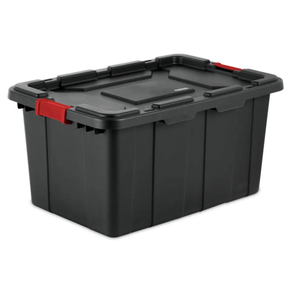 sterilite-4-pack-industrial-tote-27-gallon-plastic-storage-bins-with-lids-black- image 1