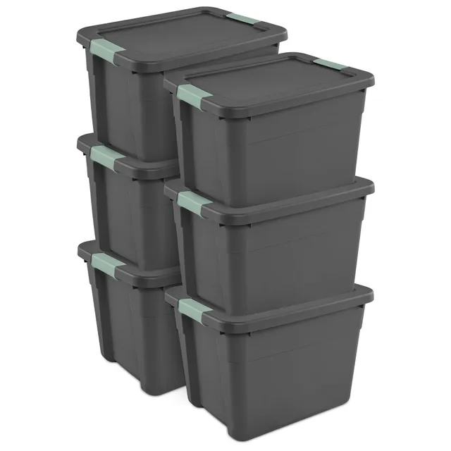 sterilite-6-pack-12-gallon-latch-tote-storage-bins-gray-green-stackable-with-lid image 1