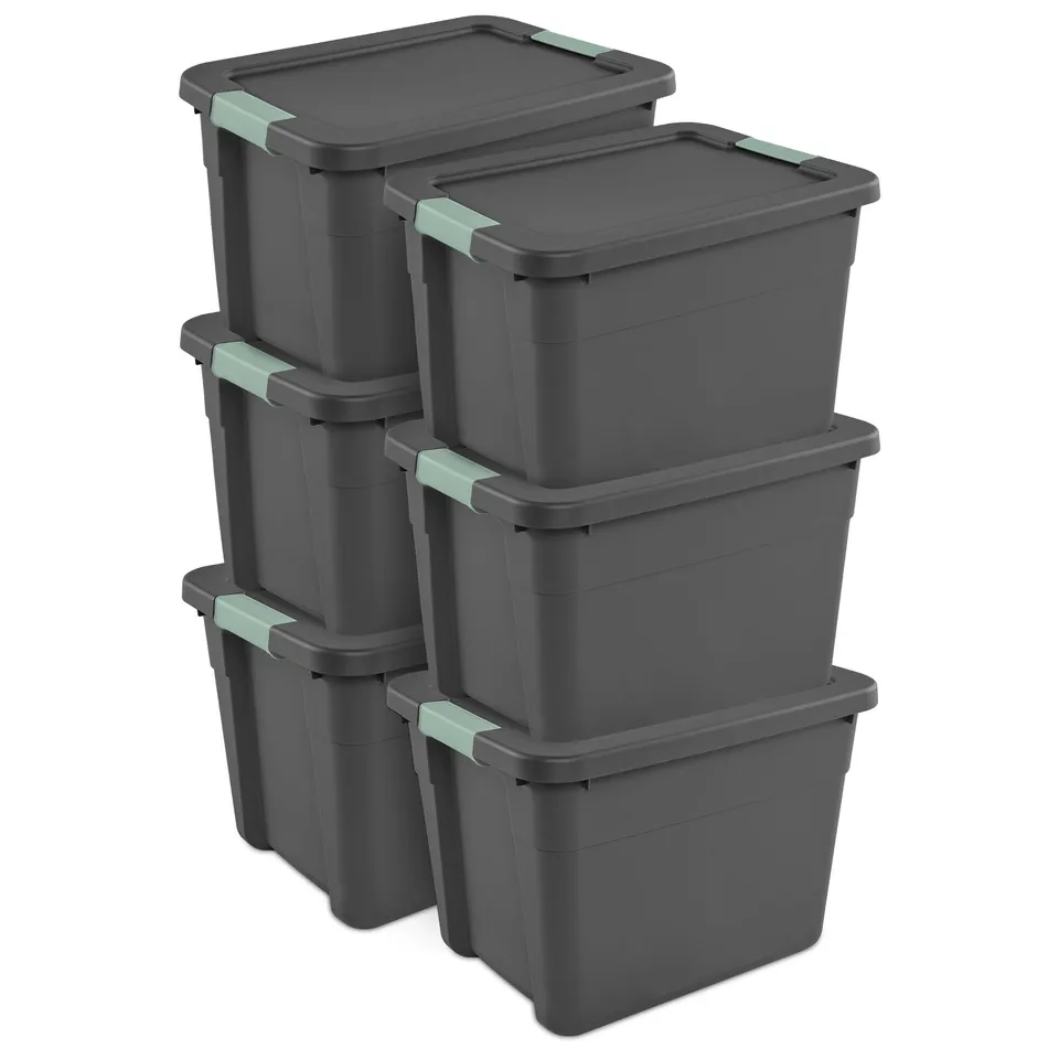 sterilite-6-pack-12-gallon-latch-tote-storage-bins-gray-green-stackable-with-lid image 1