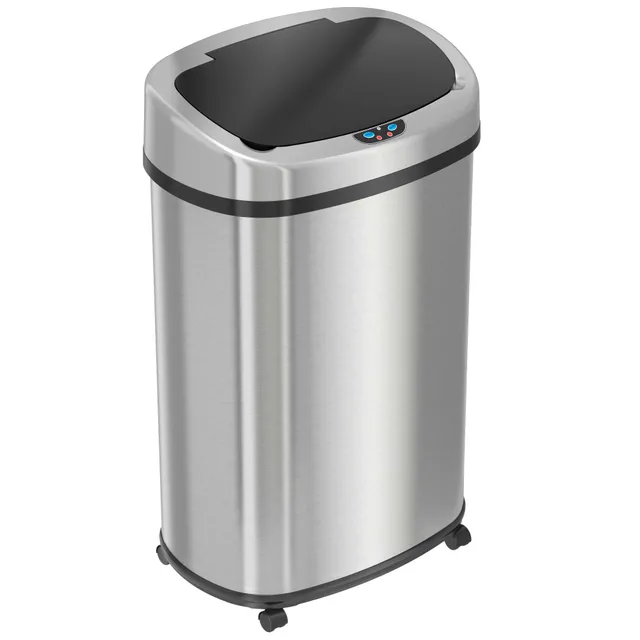 itouchless-13-gallon-50-liter-oval-stainless-steel-sensor-trash-can-with-wheels- image 1