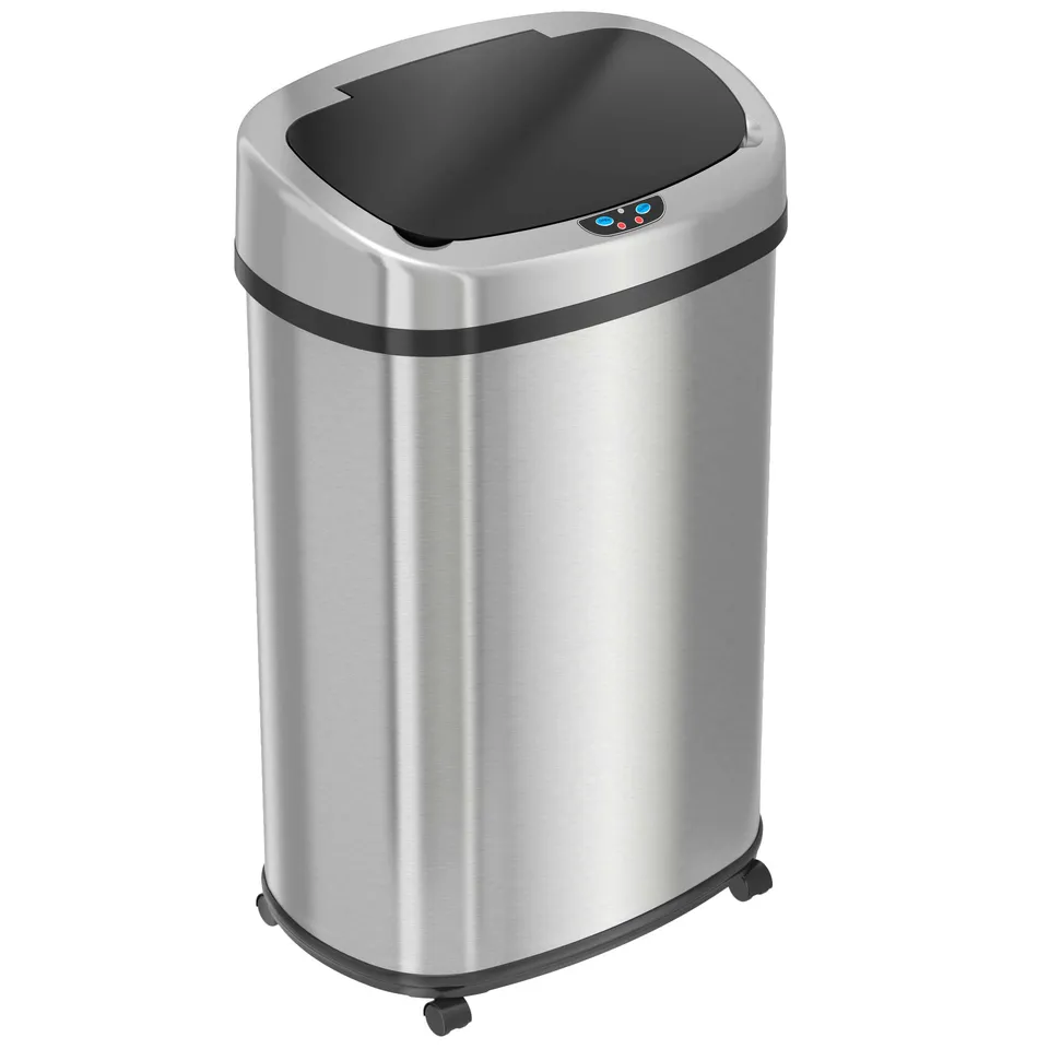 itouchless-13-gallon-50-liter-oval-stainless-steel-sensor-trash-can-with-wheels- image 1