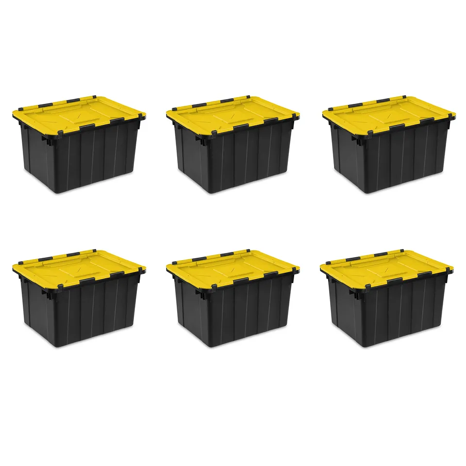sterilite-14619y06-12-gallon-hinged-industrial-tote-with-yellow-lily-lid-6-pack image 1