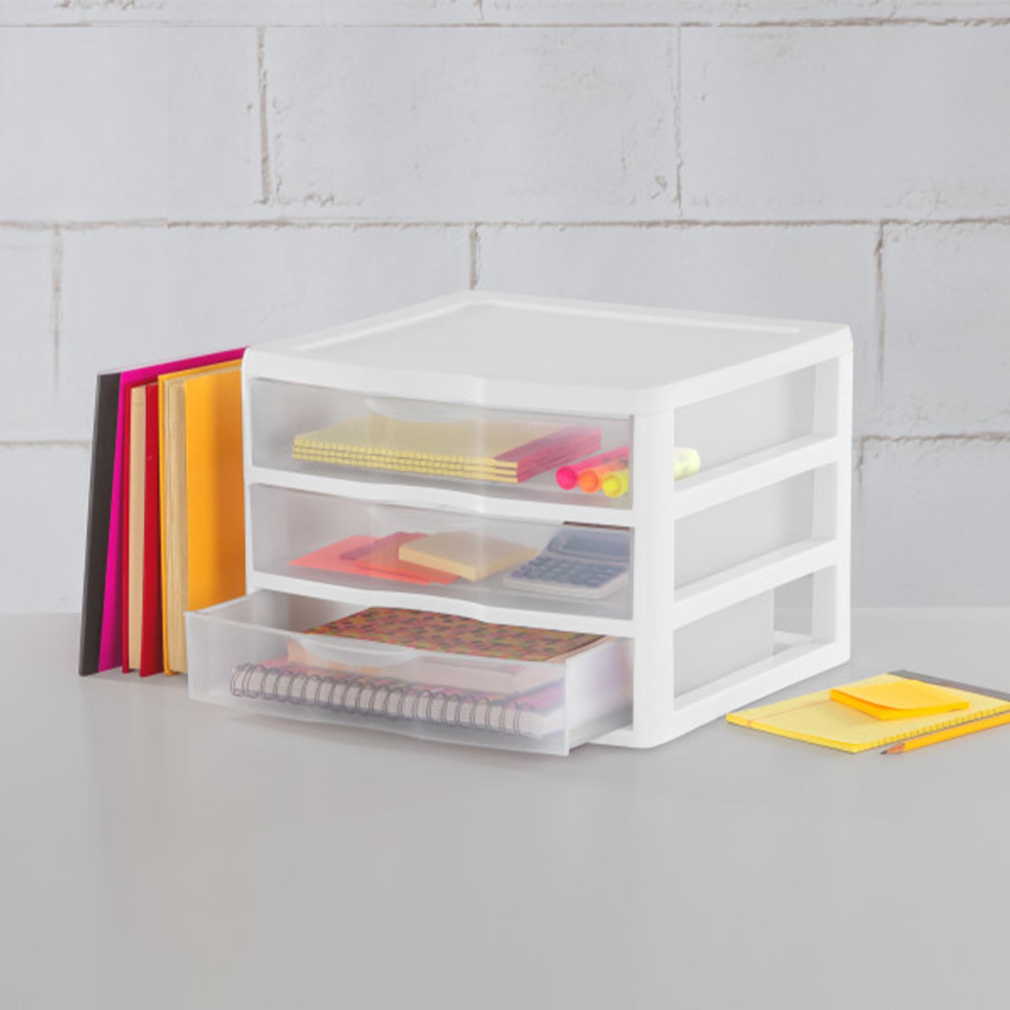 sterilite-wide-3-drawer-unit-plastic-desktop-organizer-with-clear-drawers-white- image 2