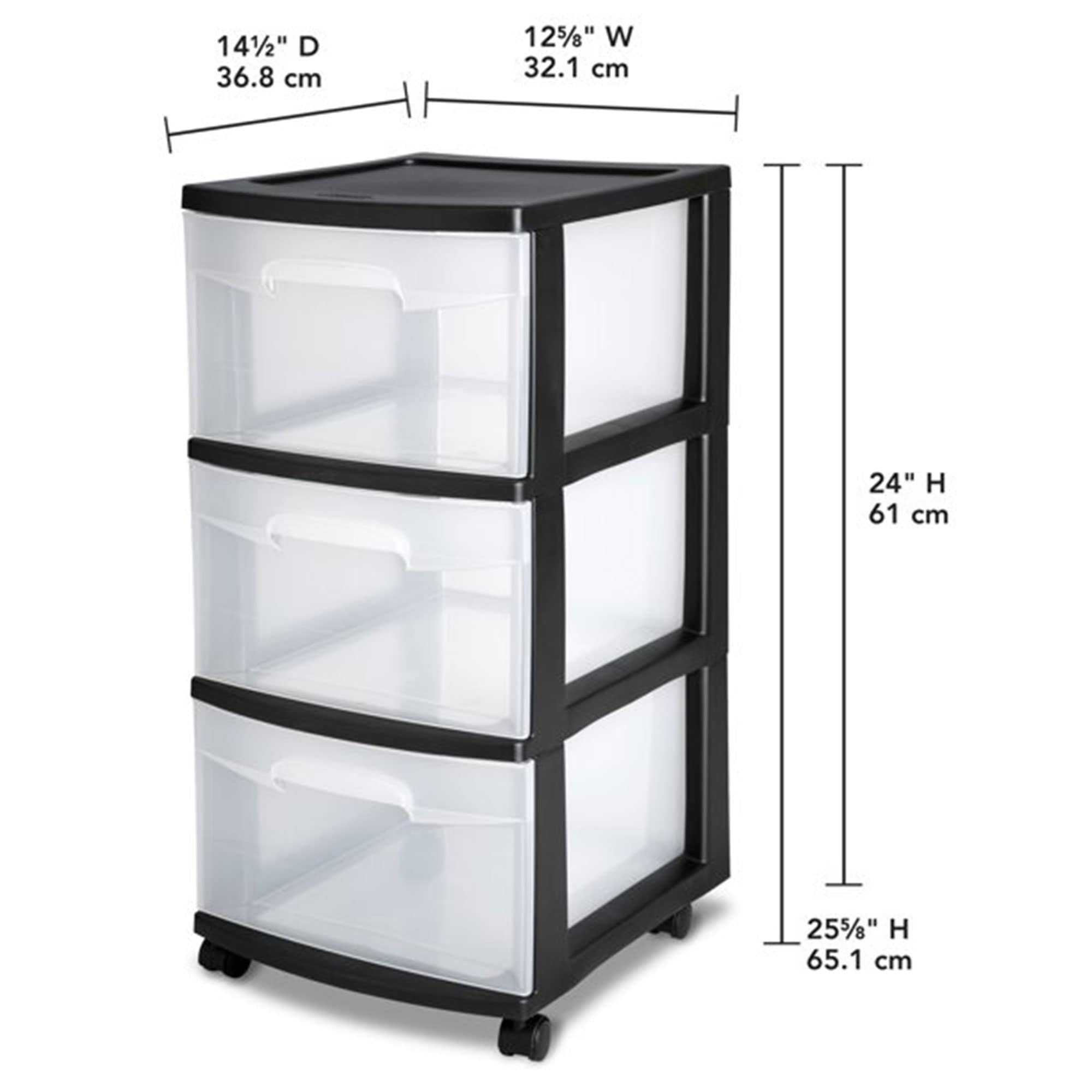sterilite-3-drawer-storage-cart-plastic-rolling-cart-with-wheels-black-with-clea image 3