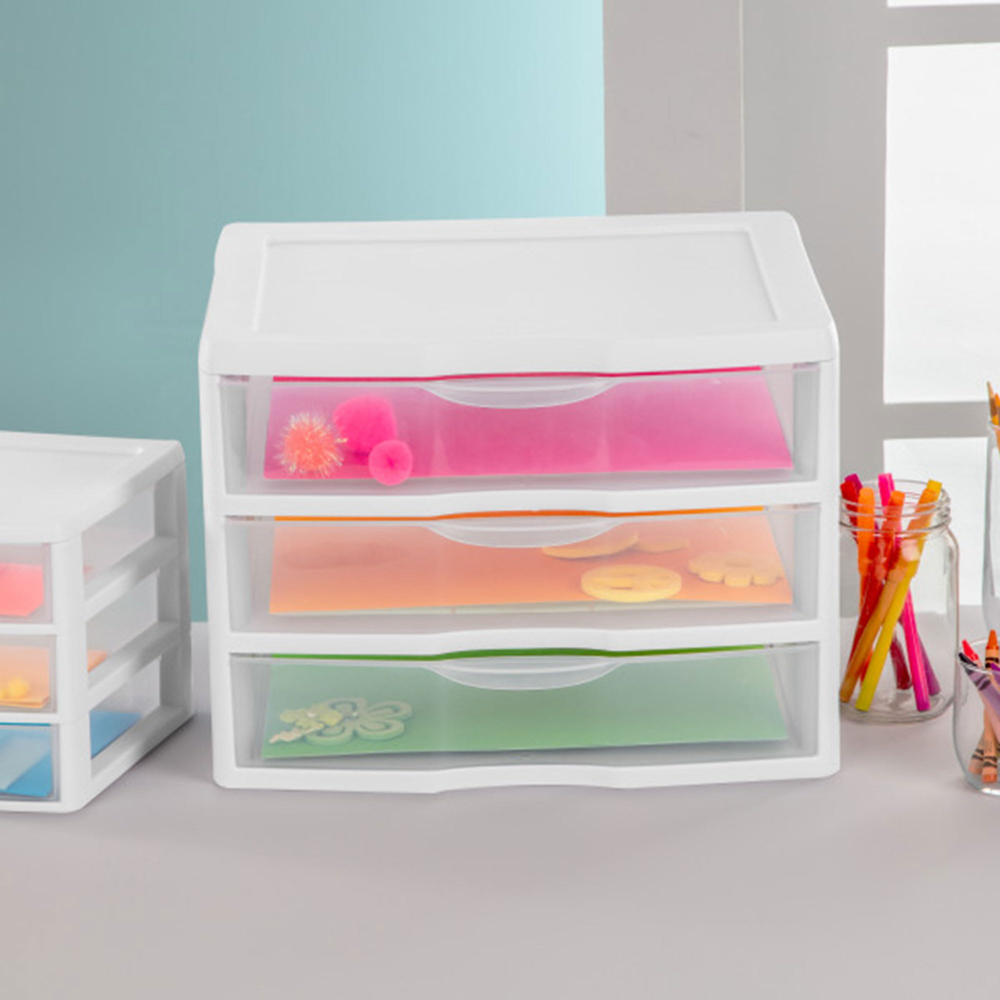 sterilite-wide-3-drawer-unit-plastic-desktop-organizer-with-clear-drawers-white- image 7