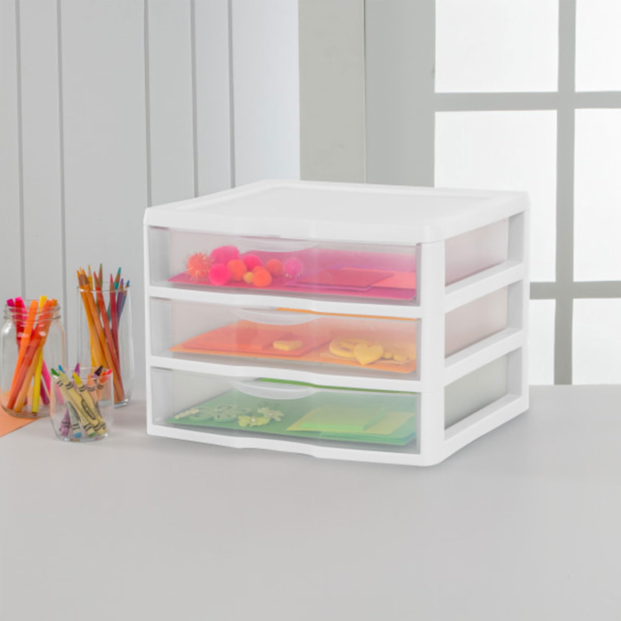 sterilite-wide-3-drawer-unit-plastic-desktop-organizer-with-clear-drawers-white- image 6