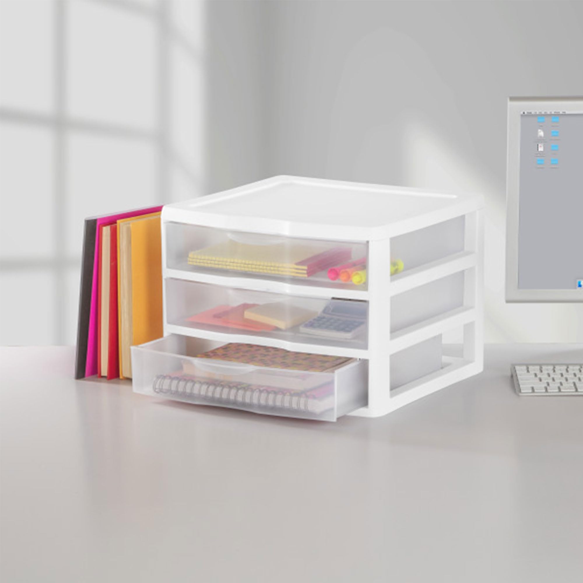 sterilite-wide-3-drawer-unit-plastic-desktop-organizer-with-clear-drawers-white- image 5