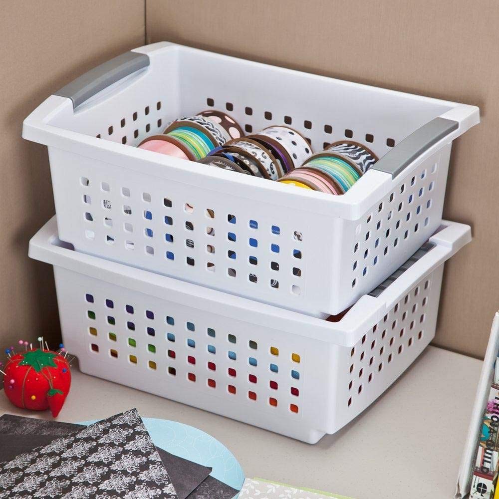 sterilite-medium-stacking-basket-6-pack-white-with-titanium-accents-plastic-orga image 5