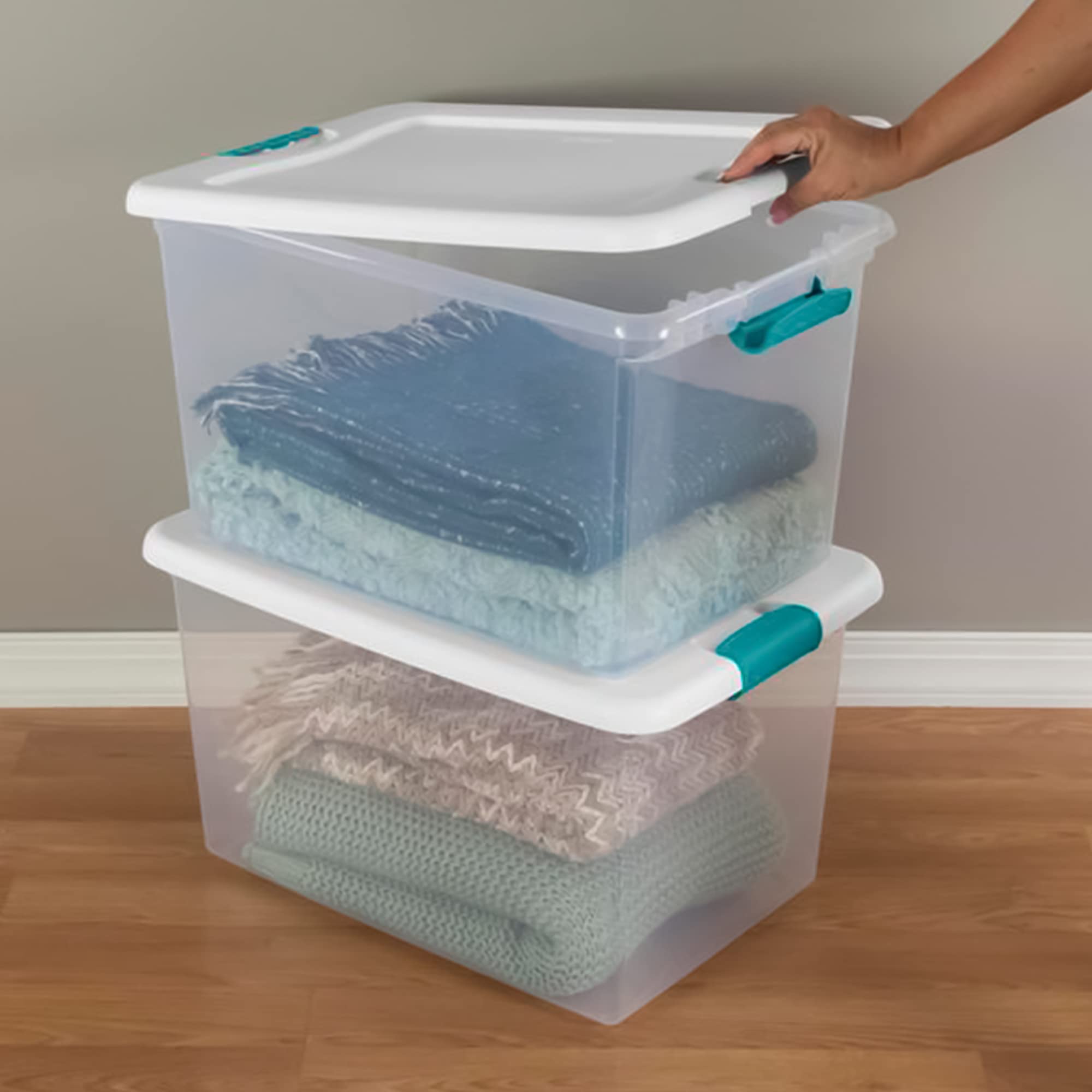 sterilite-106-quart-64-quart-latching-clear-plastic-storage-totes-with-hinged-li image 7