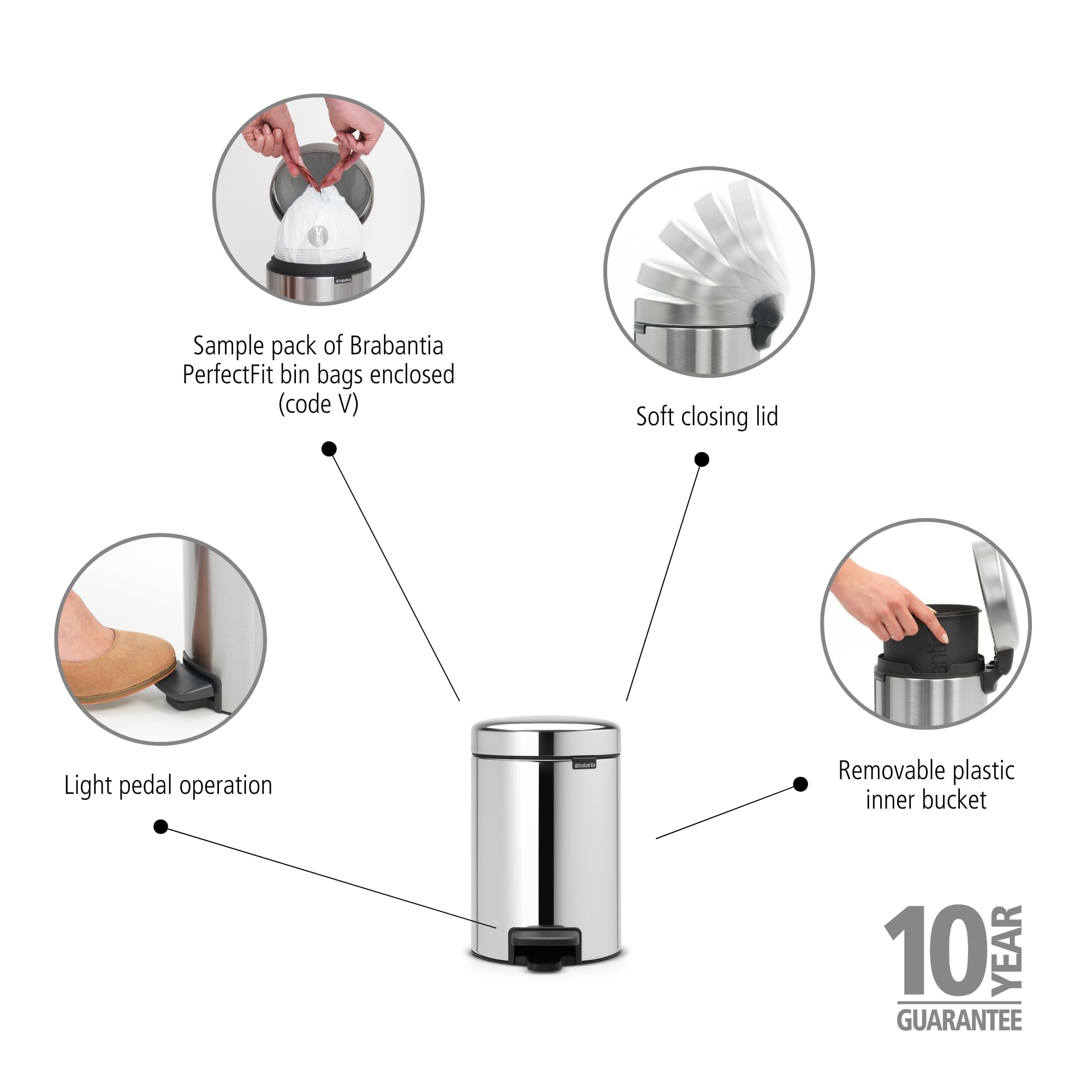 brabantia-step-on-xs-trash-can-brilliant-steel-0-8-gallon-3l-with-pedal-and-inne image 2