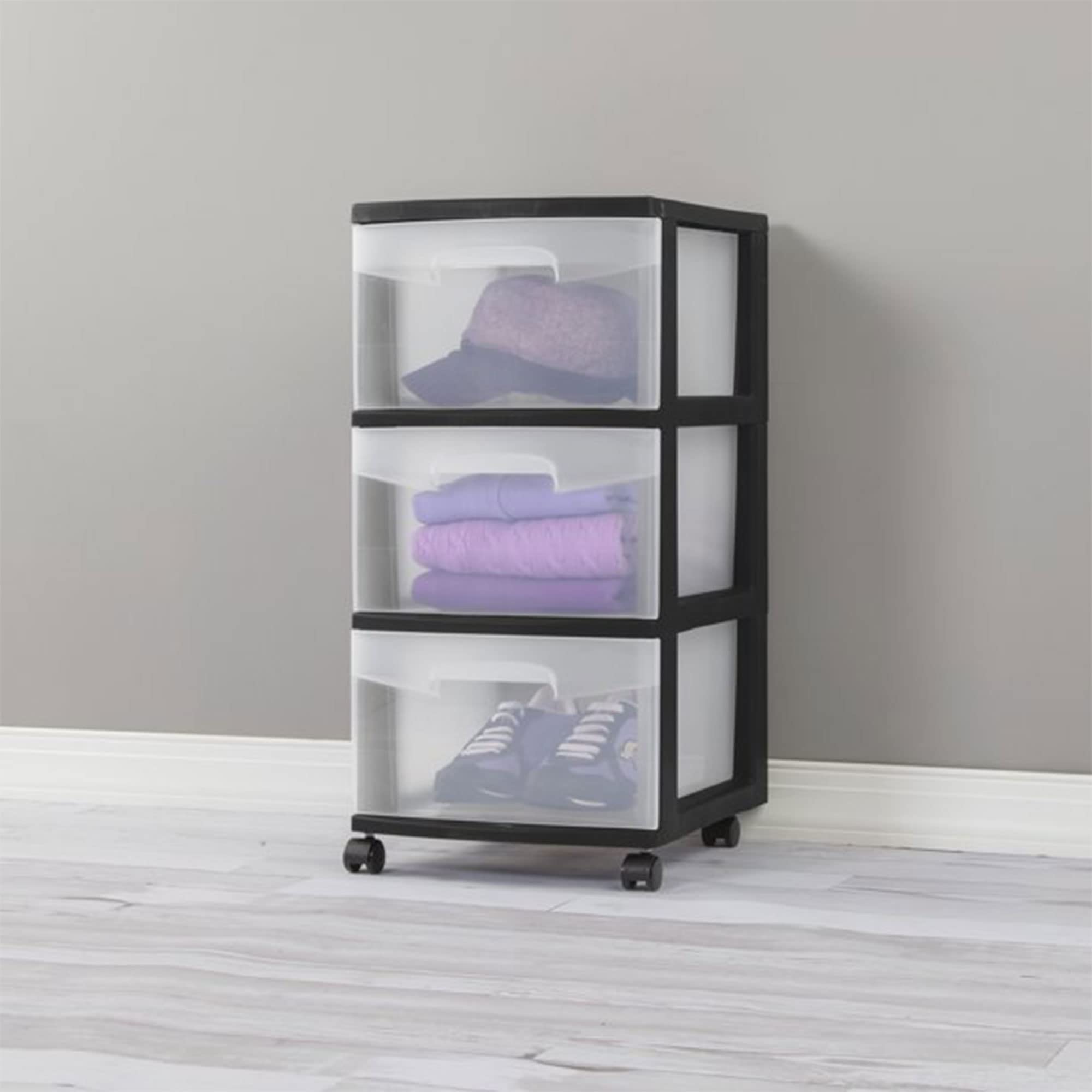 sterilite-3-drawer-storage-cart-plastic-rolling-cart-with-wheels-black-with-clea image 2