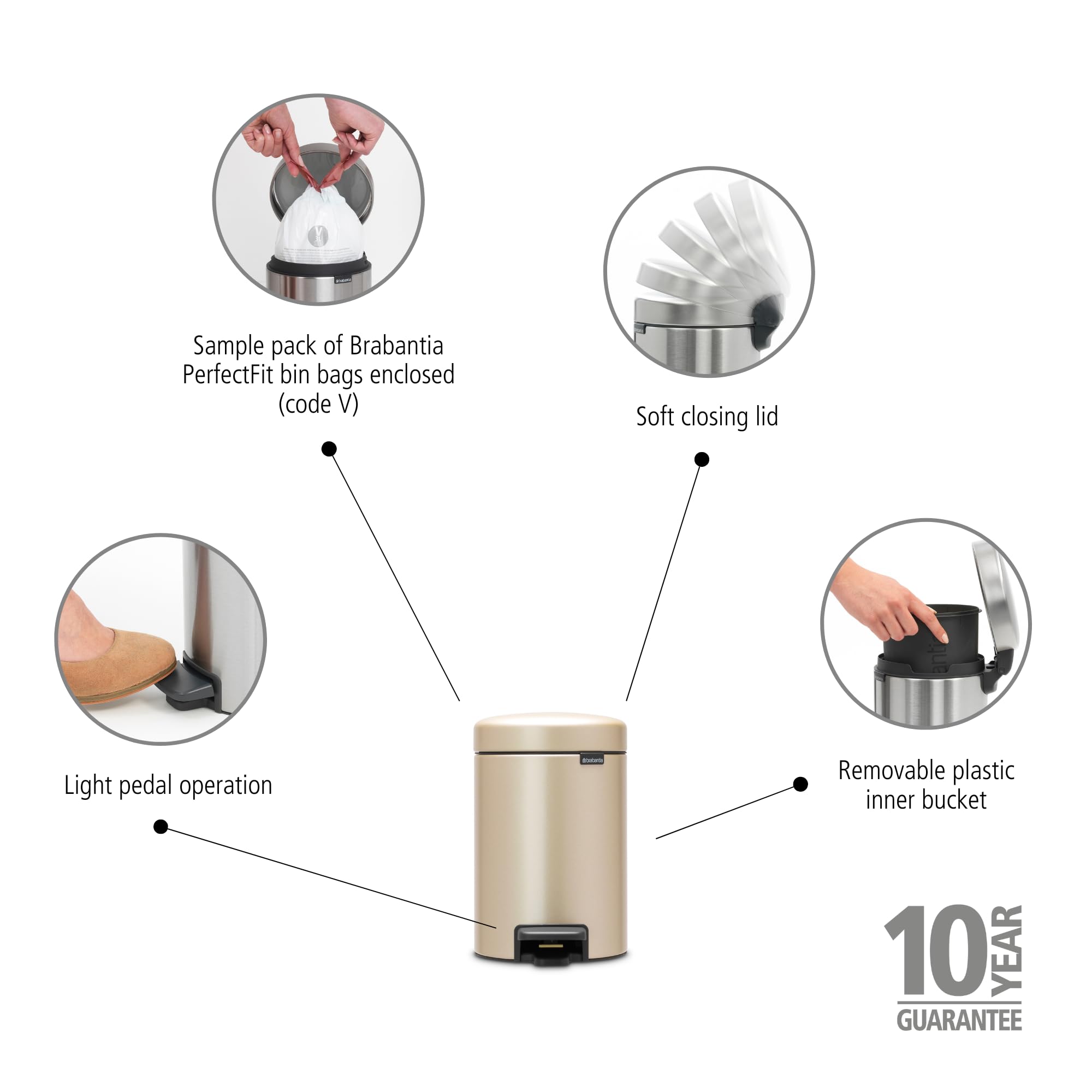 brabantia-step-on-xs-trash-can-metallic-gold-0-8-gallon-3l-with-pedal-and-inner- image 2