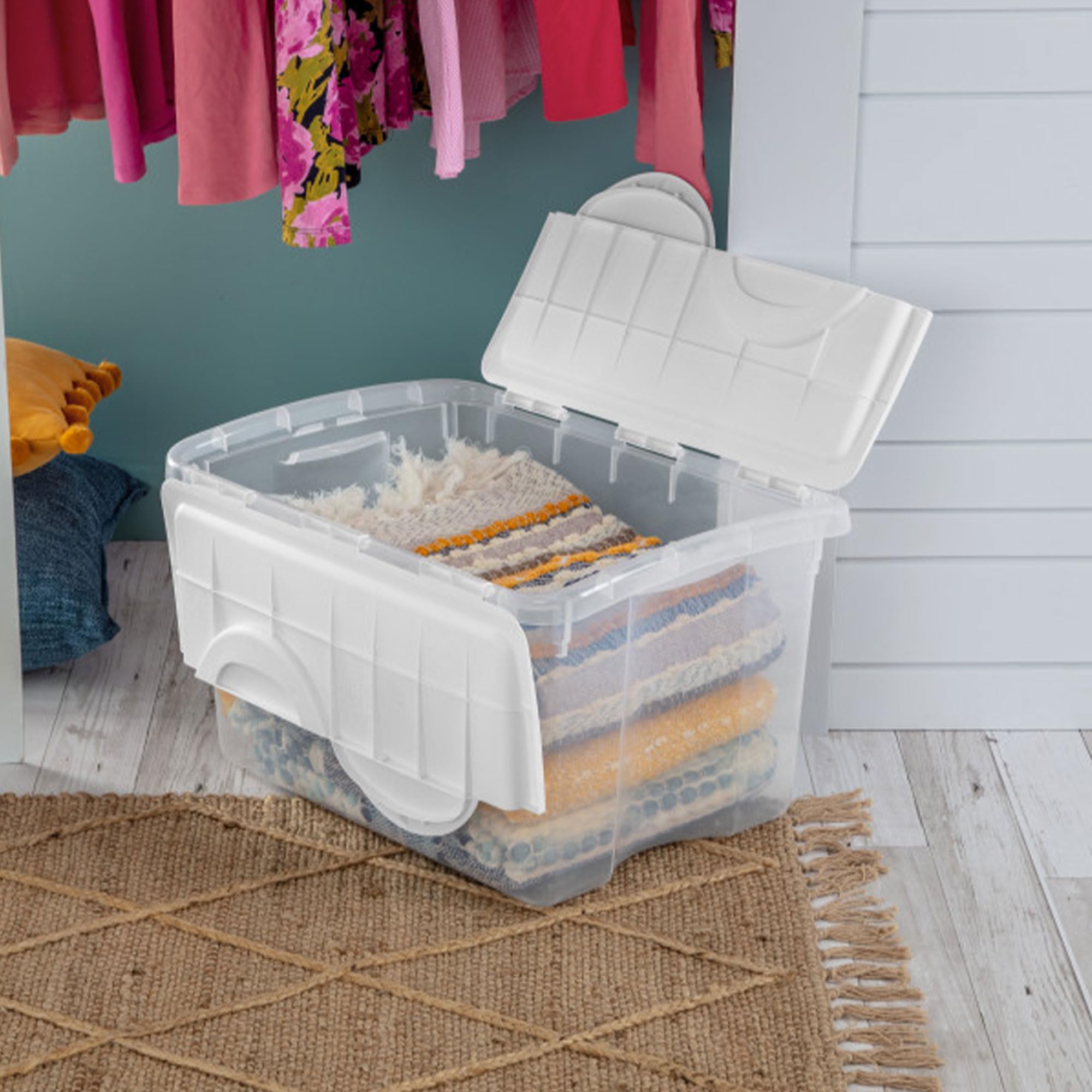 sterilite-48-qt-hinged-lid-storage-box-stackable-bin-with-lid-clear-with-white-l image 5