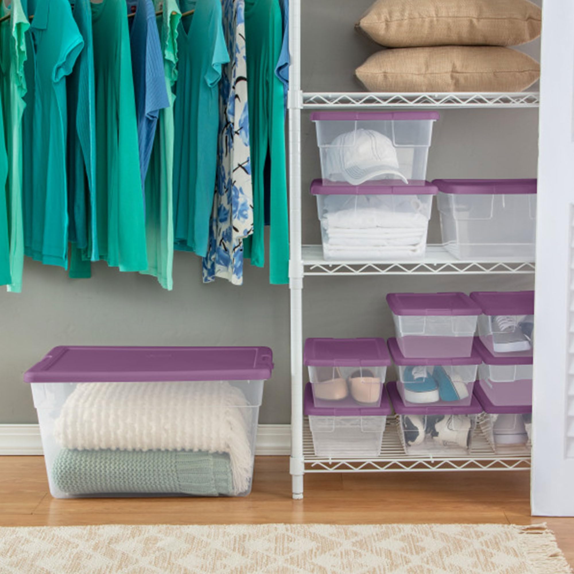 sterilite-16-qt-clear-stackable-storage-box-with-handles-and-purple-lid-24-pack image 5
