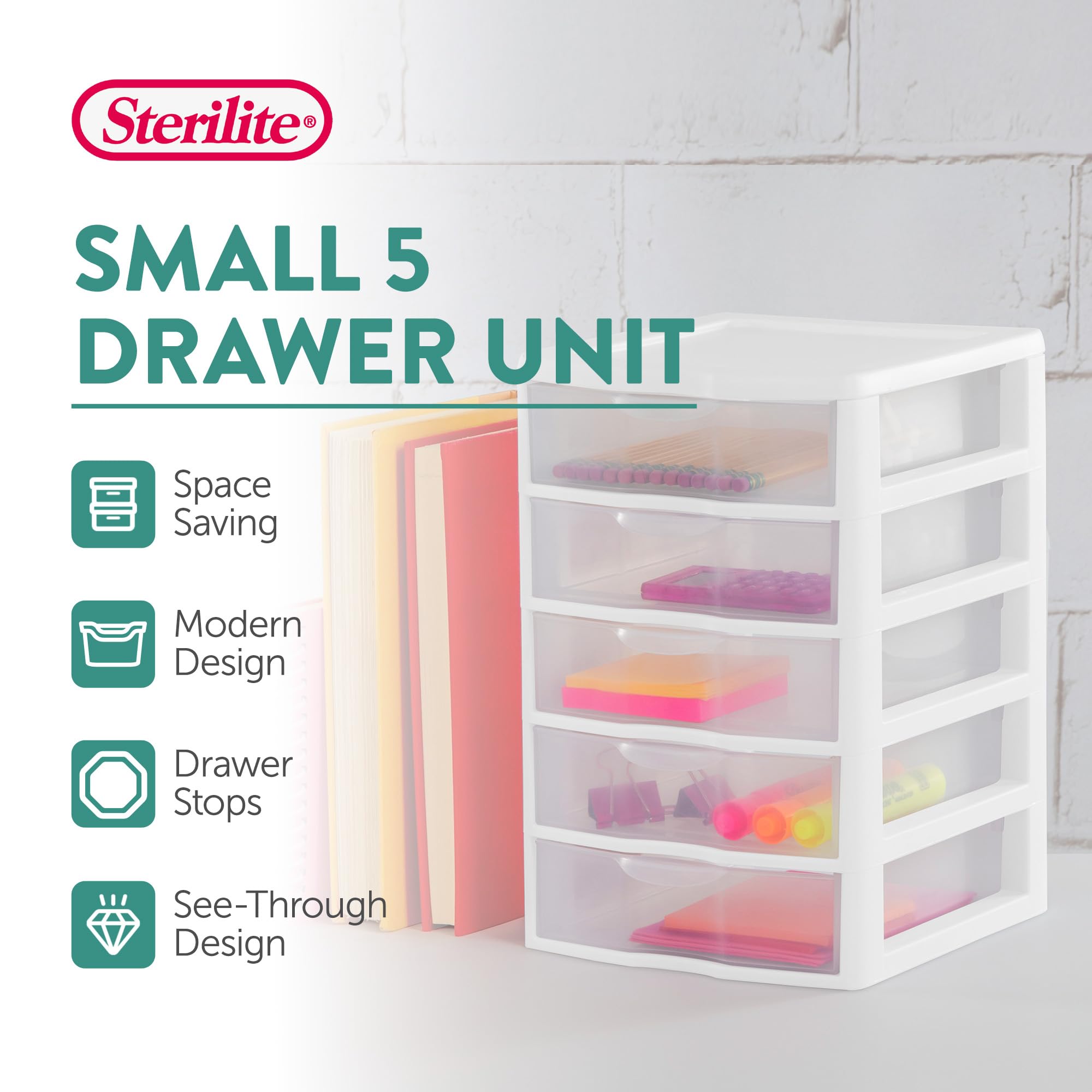sterilite-small-5-drawer-desktop-storage-unit-white-clear-4-pack image 4