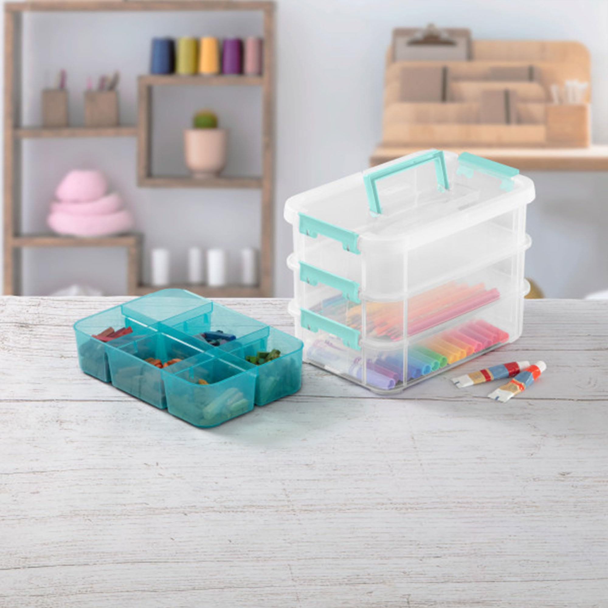 sterilite-12-pack-3-layer-stack-carry-storage-boxes-clear-blue-with-removable-di image 6