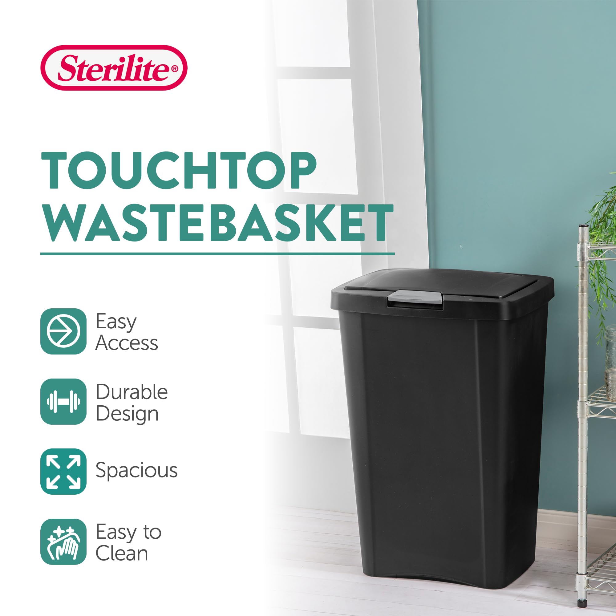 sterilite-13-gallon-touchtop-wastebasket-with-titanium-latch-4-pack-black image 2