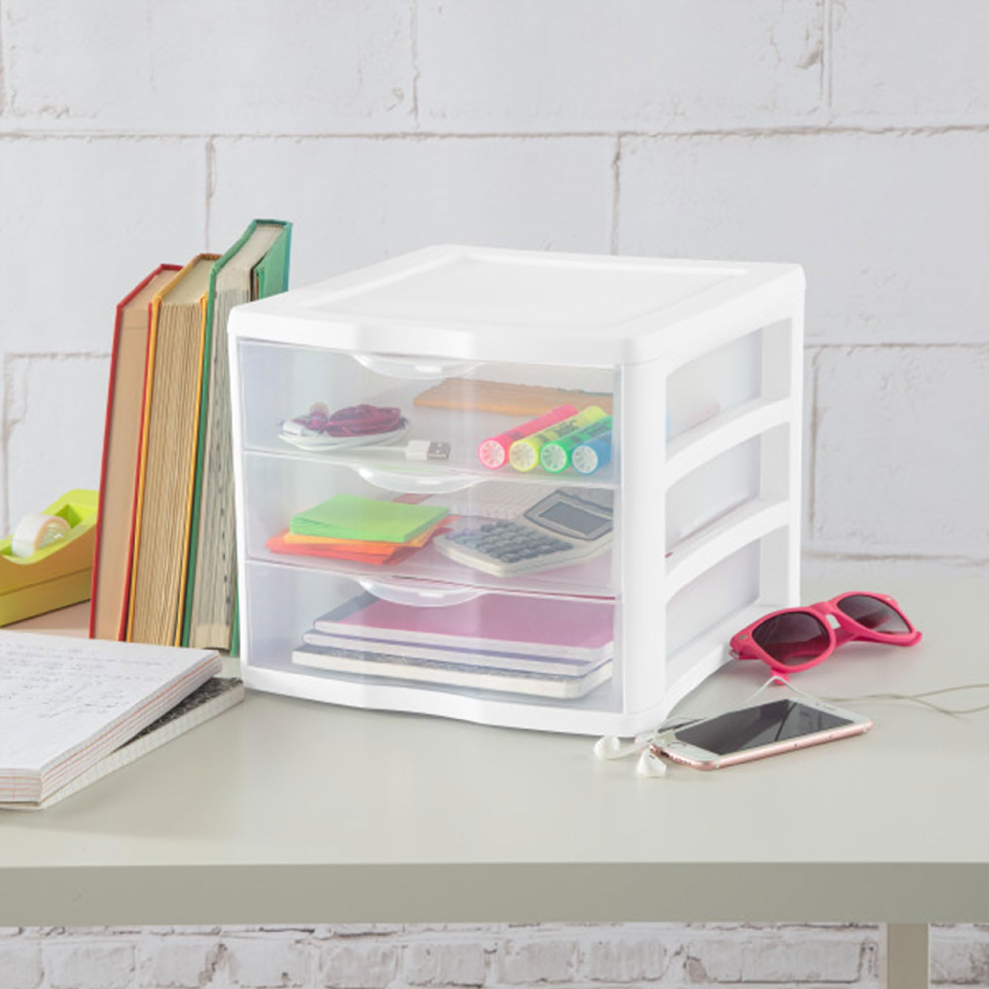 sterilite-3-drawer-organizer-unit-with-clear-drawers-and-white-frame-4-pack-stac image 2