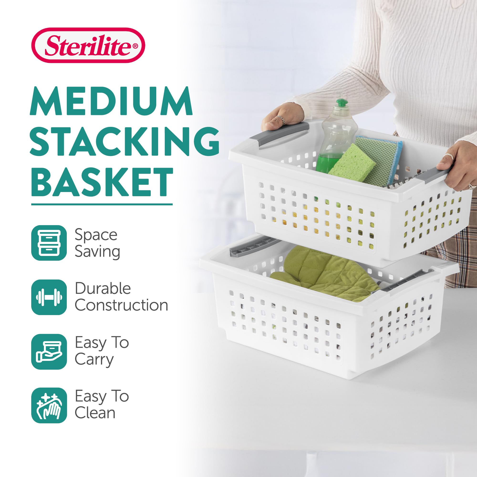 sterilite-medium-stacking-basket-4-pack-white-with-gray-handles-for-countertop-s image 2