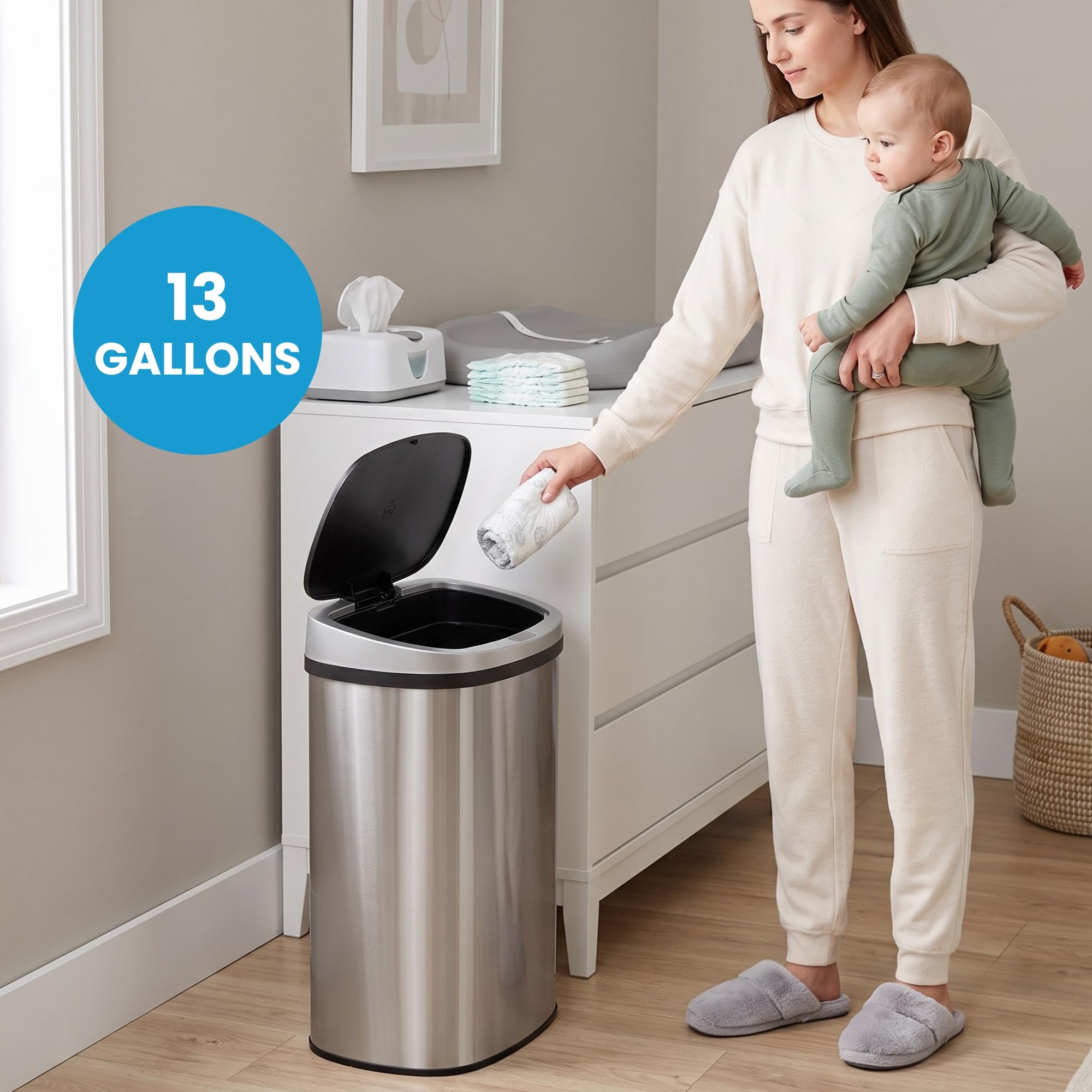 itouchless-13-gallon-press-open-diaper-pail-stainless-steel-with-absorbx-odor-fi image 2