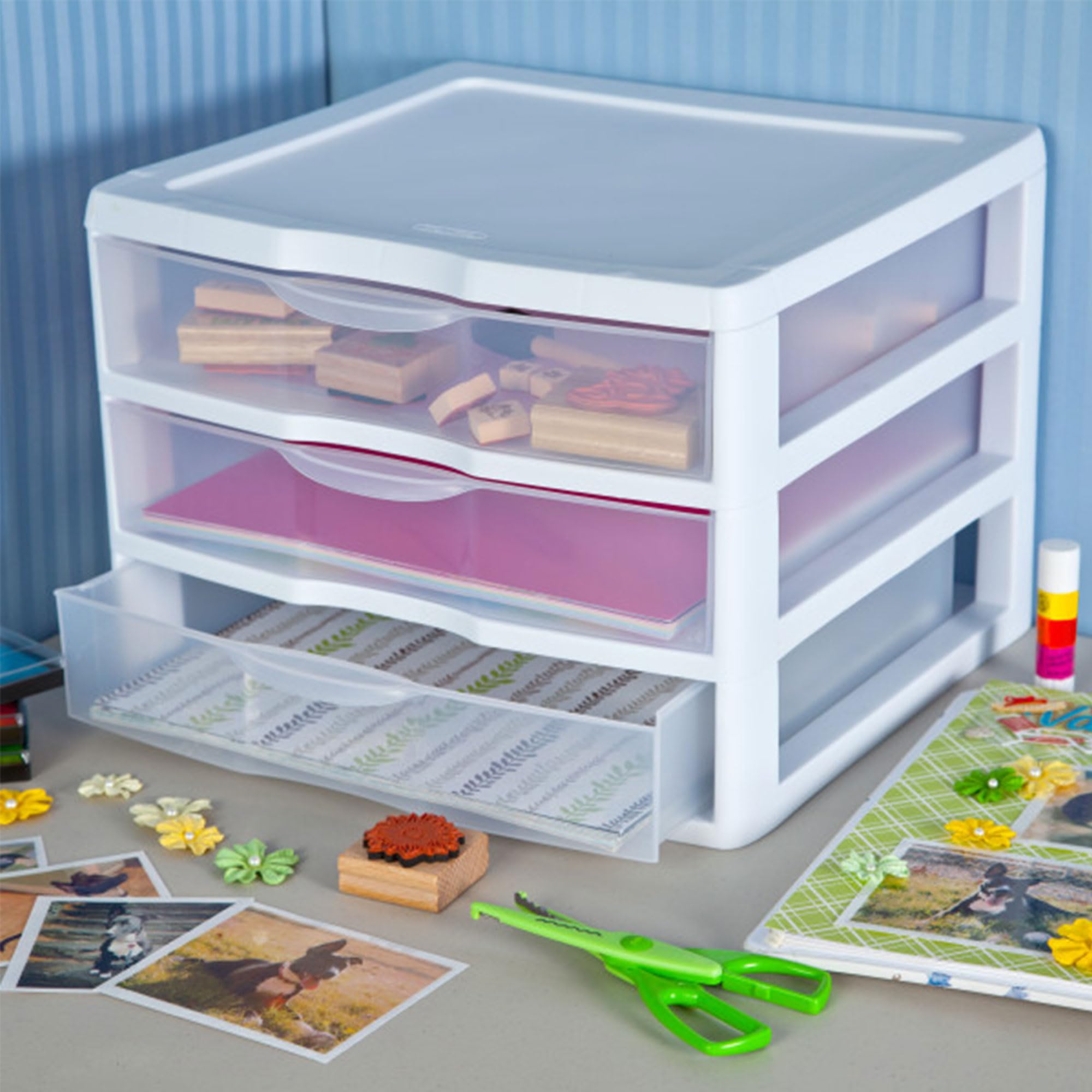 sterilite-wide-3-drawer-unit-plastic-desktop-organizer-with-clear-drawers-white- image 8