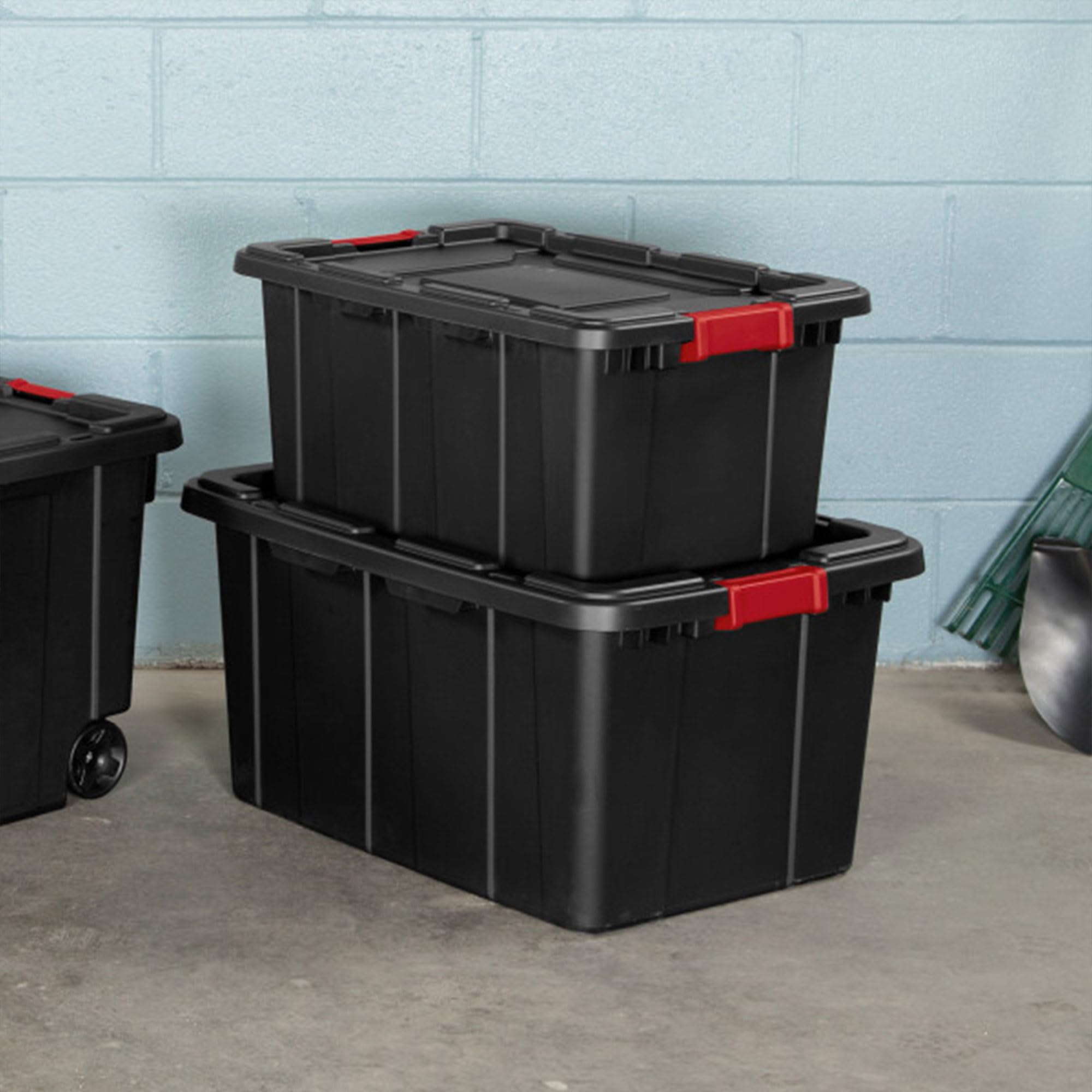 sterilite-4-pack-industrial-tote-27-gallon-plastic-storage-bins-with-lids-black- image 6