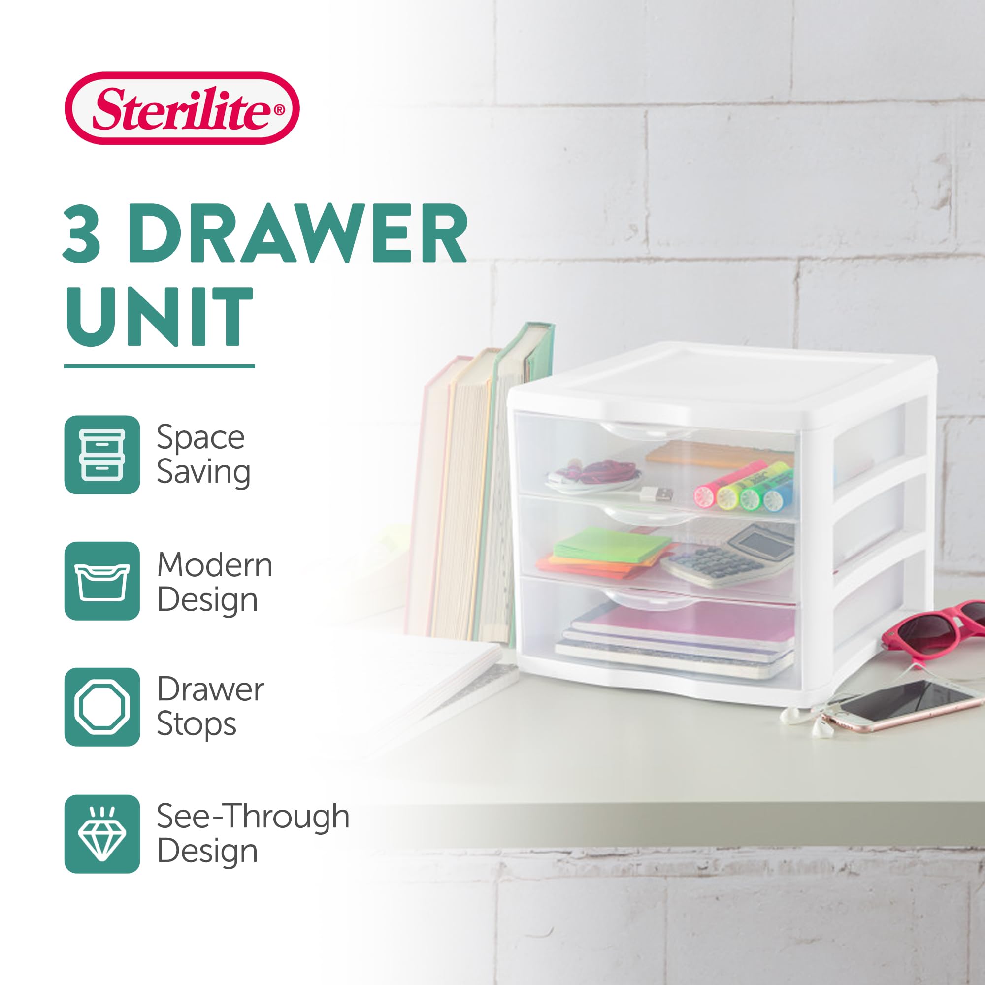 sterilite-3-drawer-organizer-unit-with-clear-drawers-and-white-frame-4-pack-stac image 4
