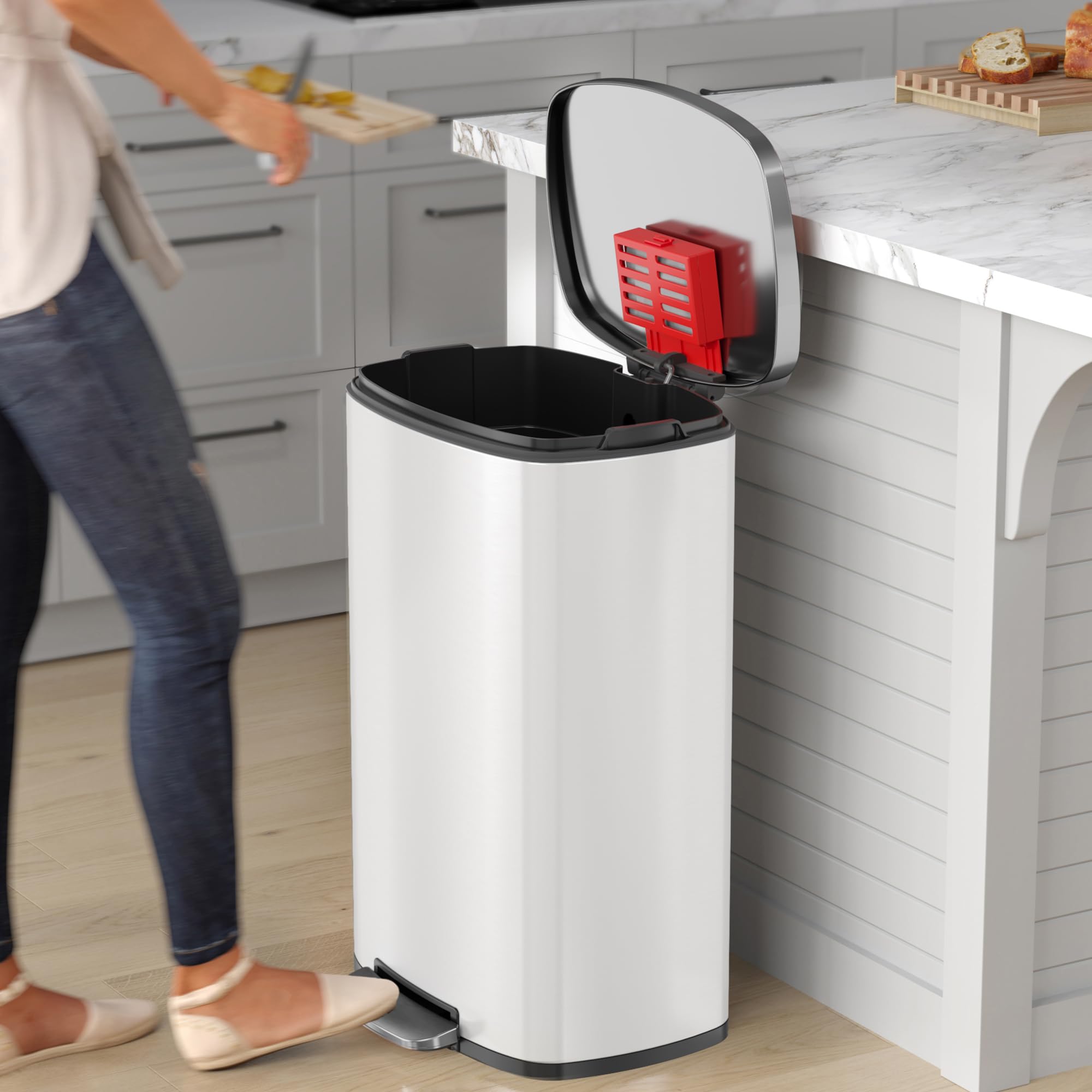 itouchless-13-gallon-step-trash-can-with-odor-filter-stainless-steel-ivory-white image 2