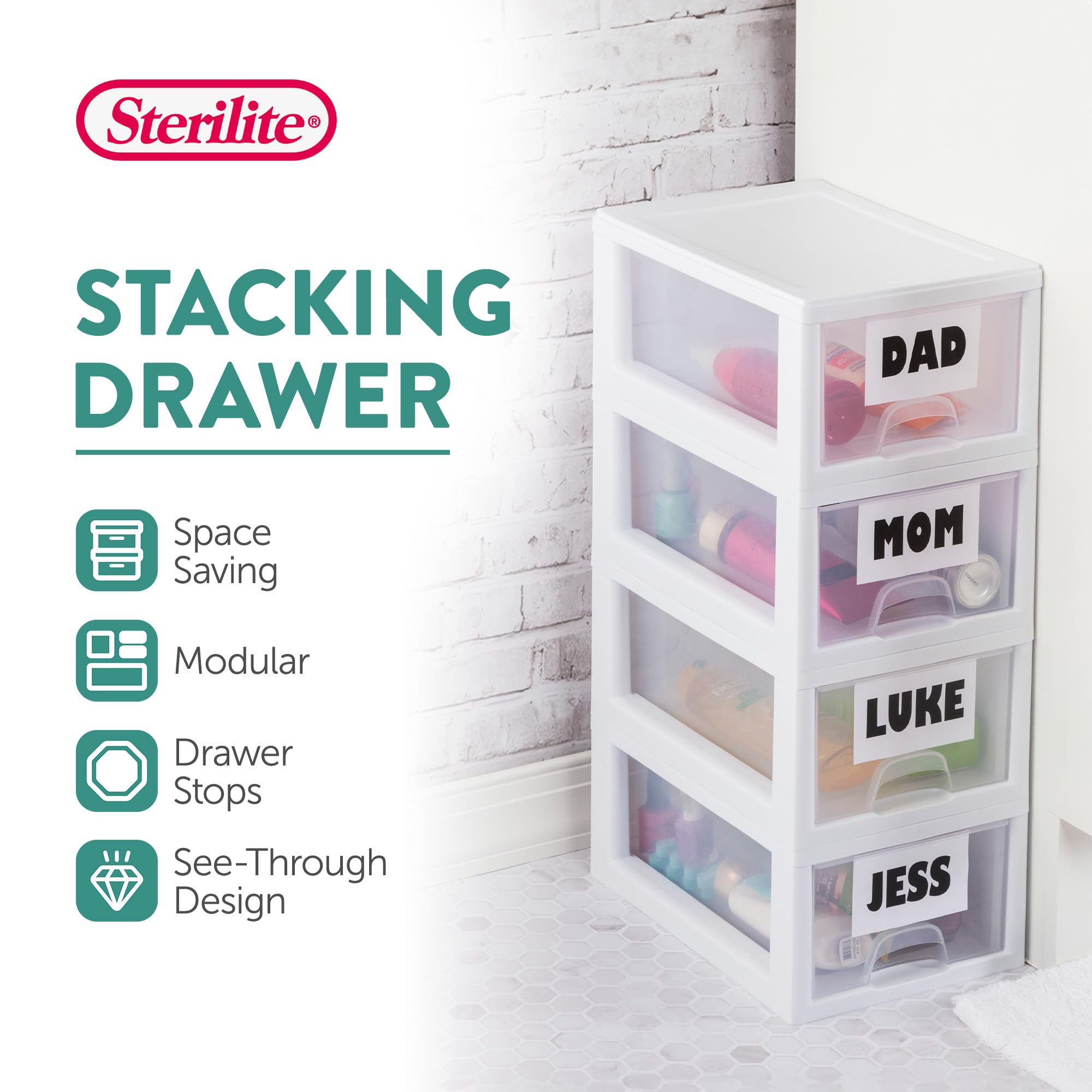 sterilite-6-pack-stacking-drawers-clear-storage-organizer-6-quart-each-white-fra image 4