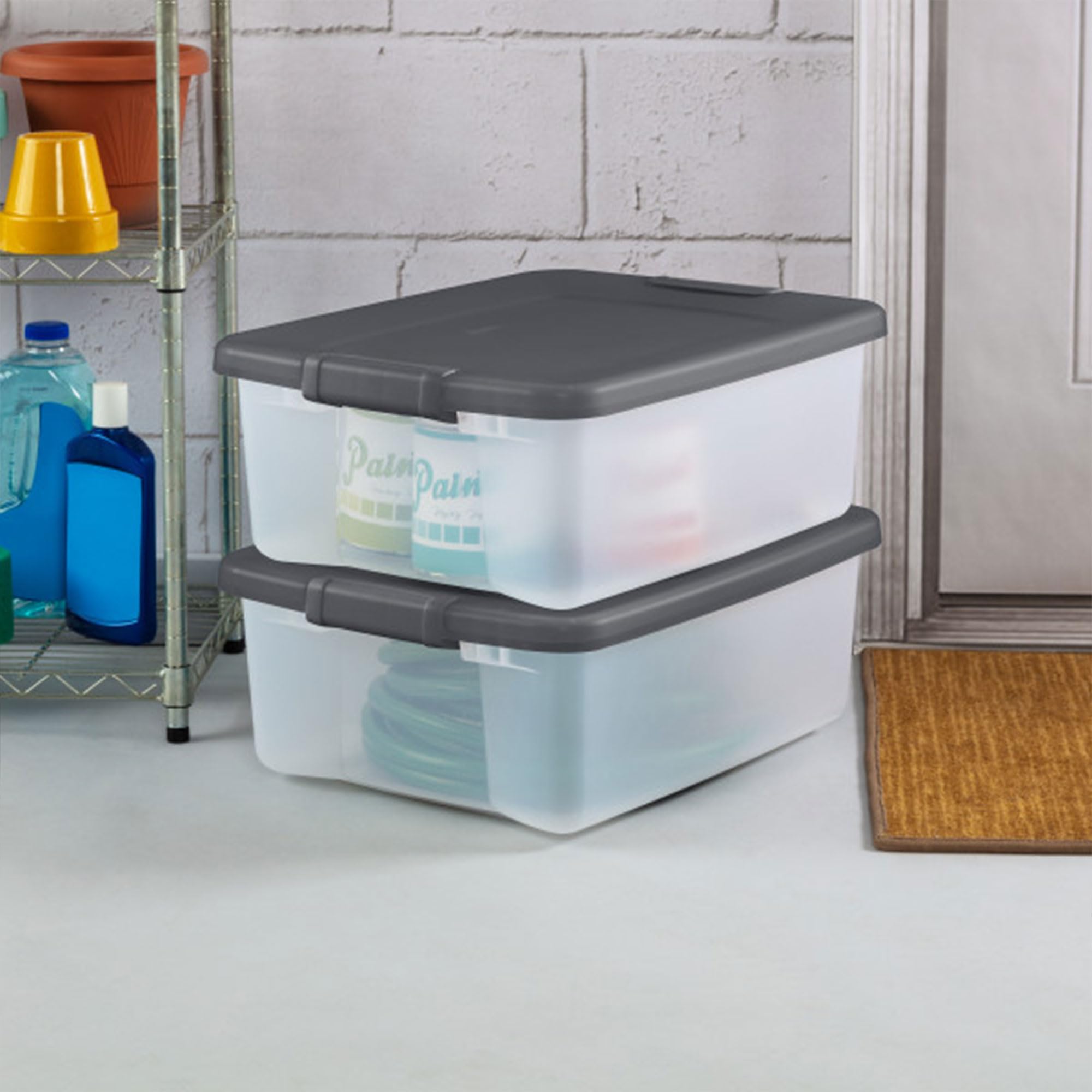 sterilite-shelftote-25-quart-clear-plastic-storage-bins-with-lids-12-pack-gray image 3