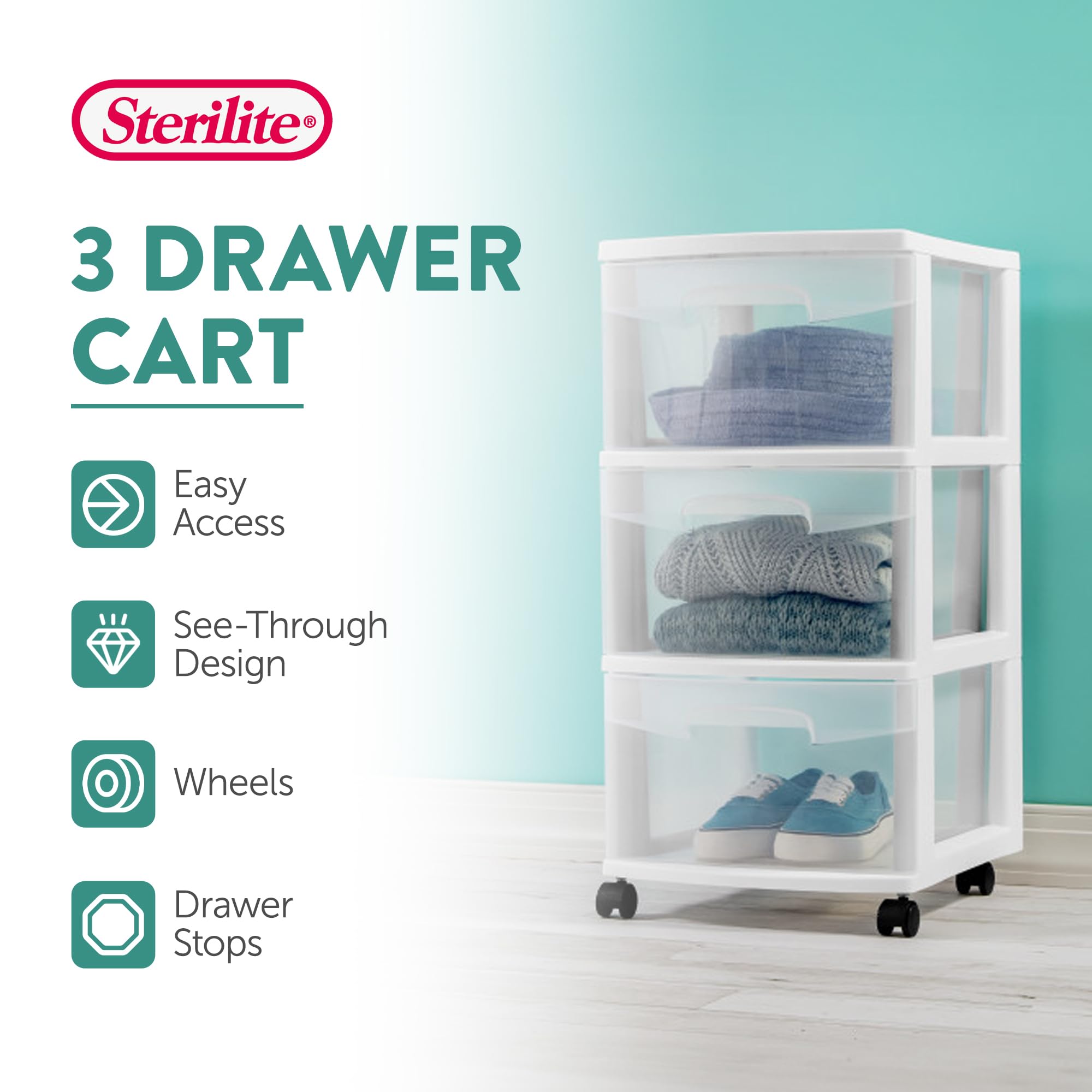 sterilite-2-pack-3-drawer-rolling-storage-cart-white-plastic-organizer-with-cast image 4