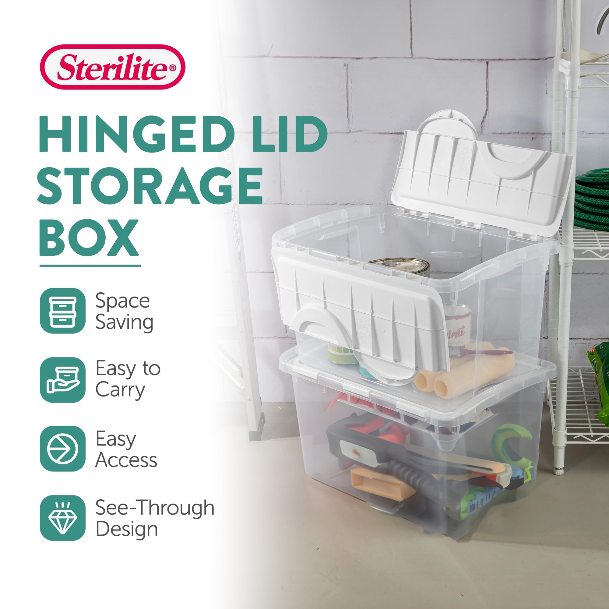 sterilite-48-qt-hinged-lid-storage-box-stackable-bin-with-lid-clear-with-white-l image 2