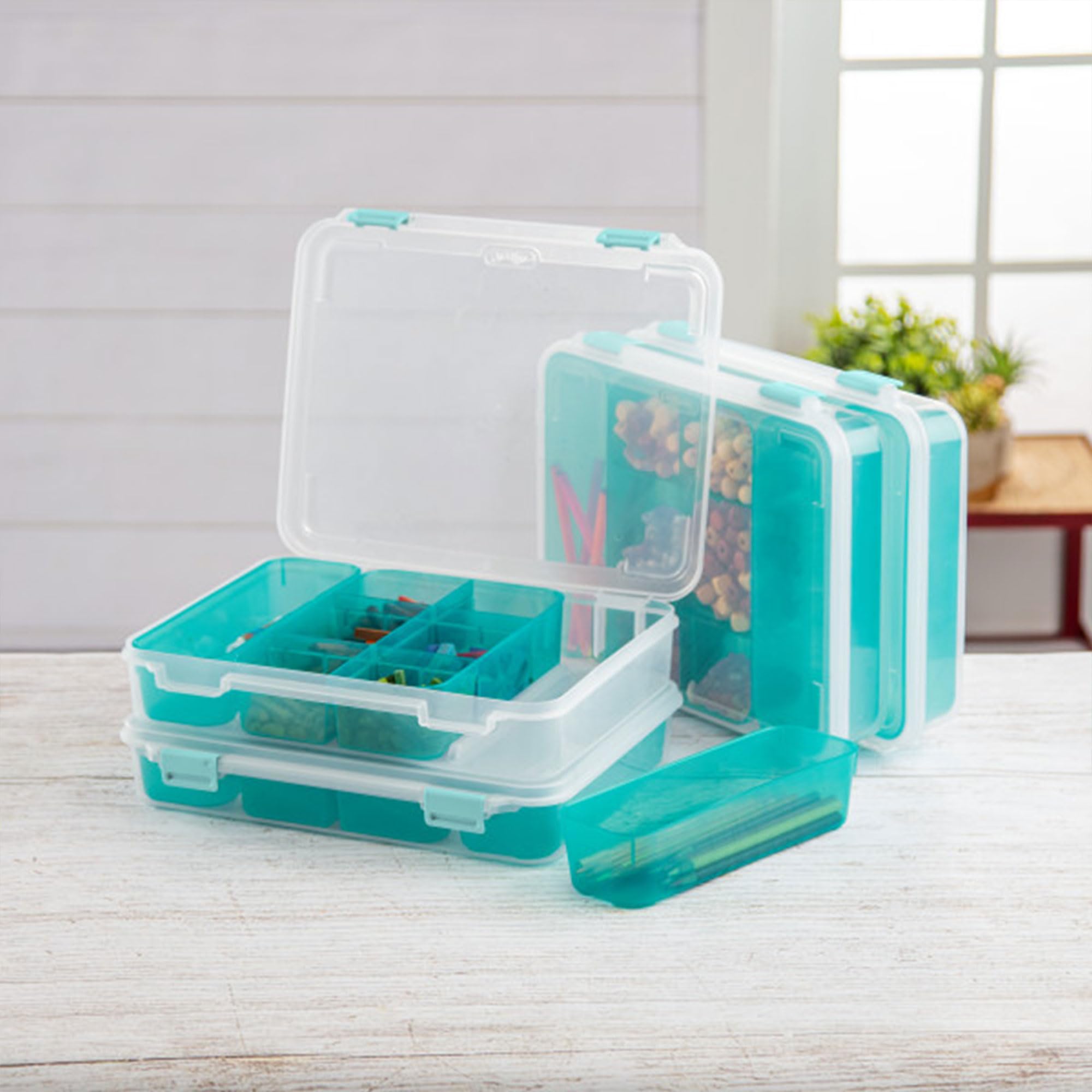 sterilite-divided-case-6-pack-stackable-plastic-storage-with-removable-blue-tray image 4
