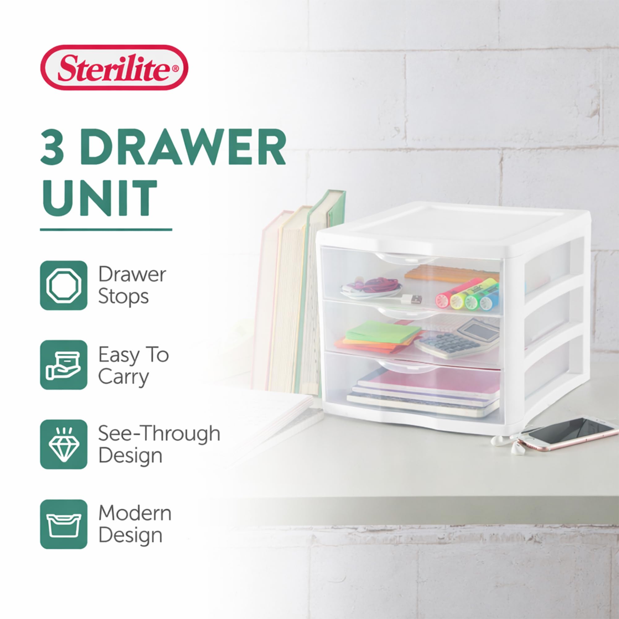sterilite-clearview-3-drawer-desktop-storage-organizer-white-6-pack image 4
