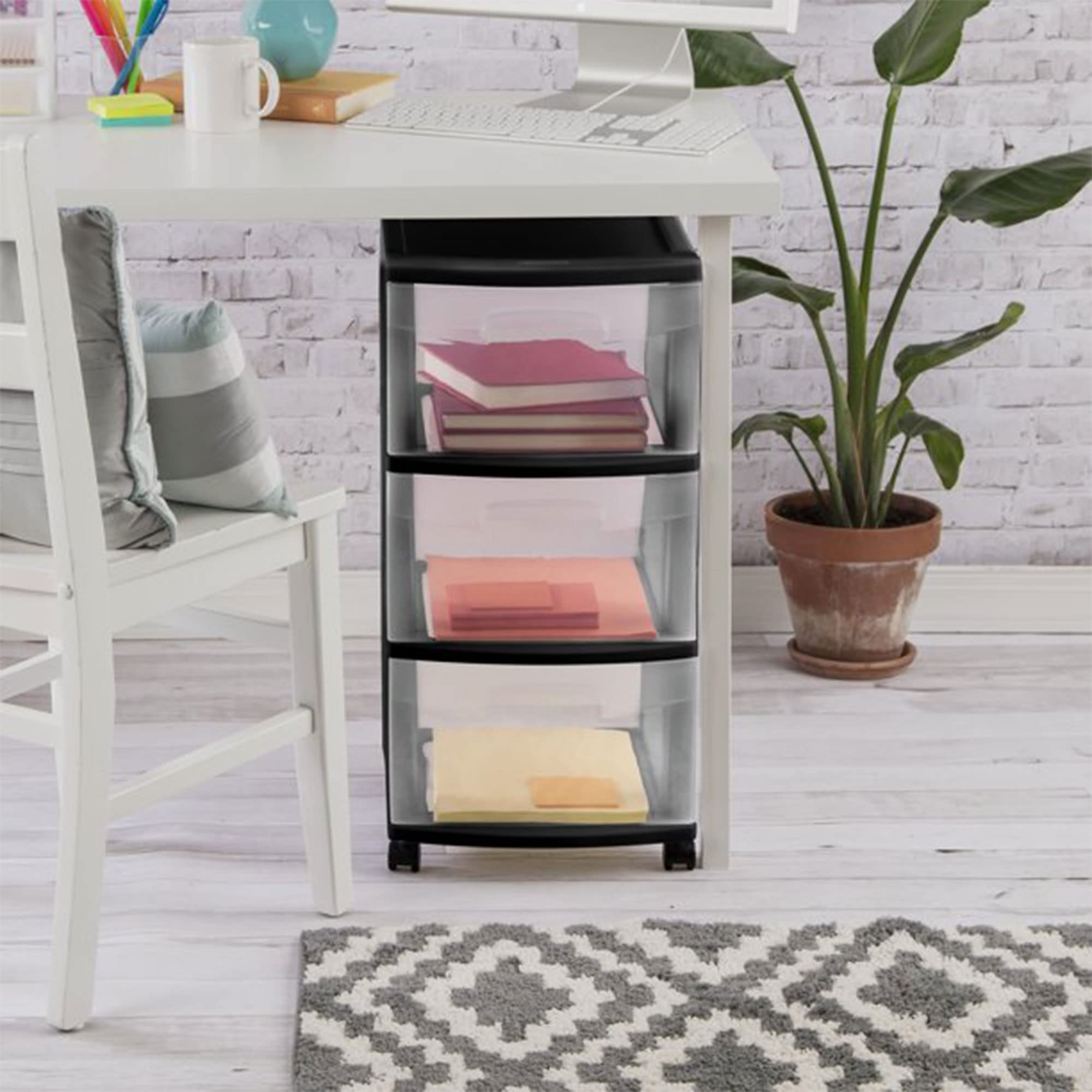 sterilite-3-drawer-storage-cart-plastic-rolling-cart-with-wheels-black-with-clea image 6