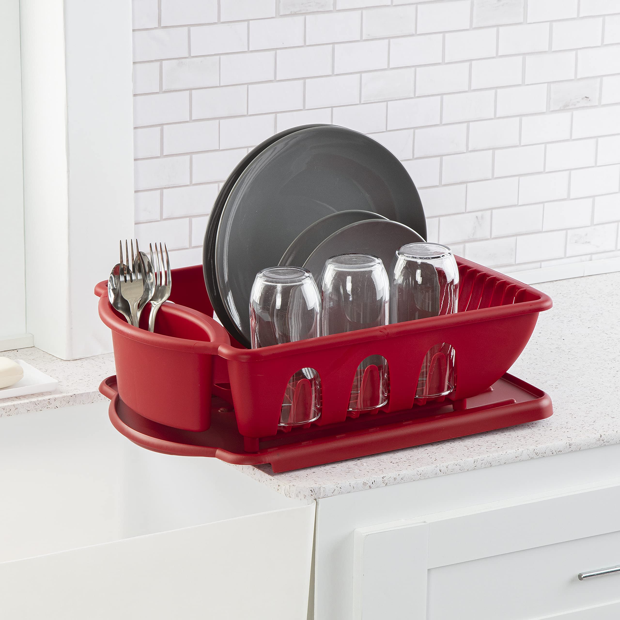 sterilite-2-piece-sink-set-with-drainboard-6-pack-red-dish-drainer-and-drying-bo image 4