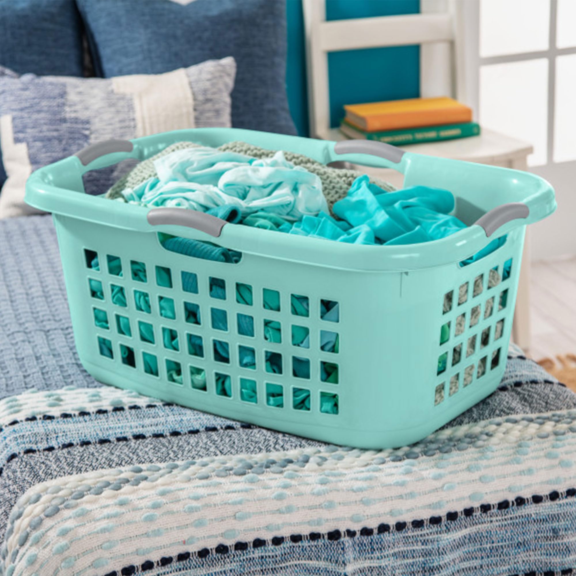 sterilite-6-pack-2-bushel-ultra-plastic-laundry-basket-aqua-chrome-wide-opening- image 6