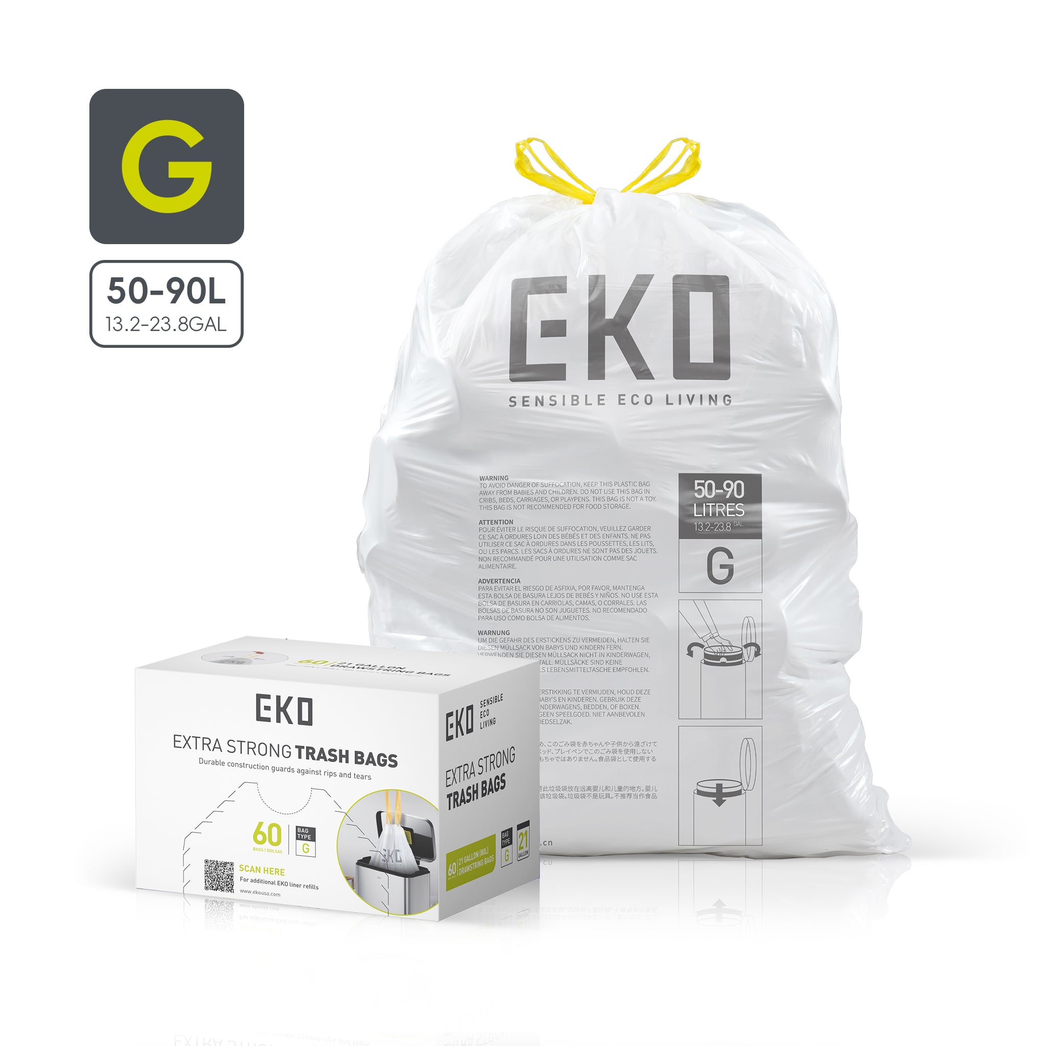 eko-code-g-21-gallon-80l-easy-dispense-roll-trash-bags-60-count-ultra-strong-dra image 1