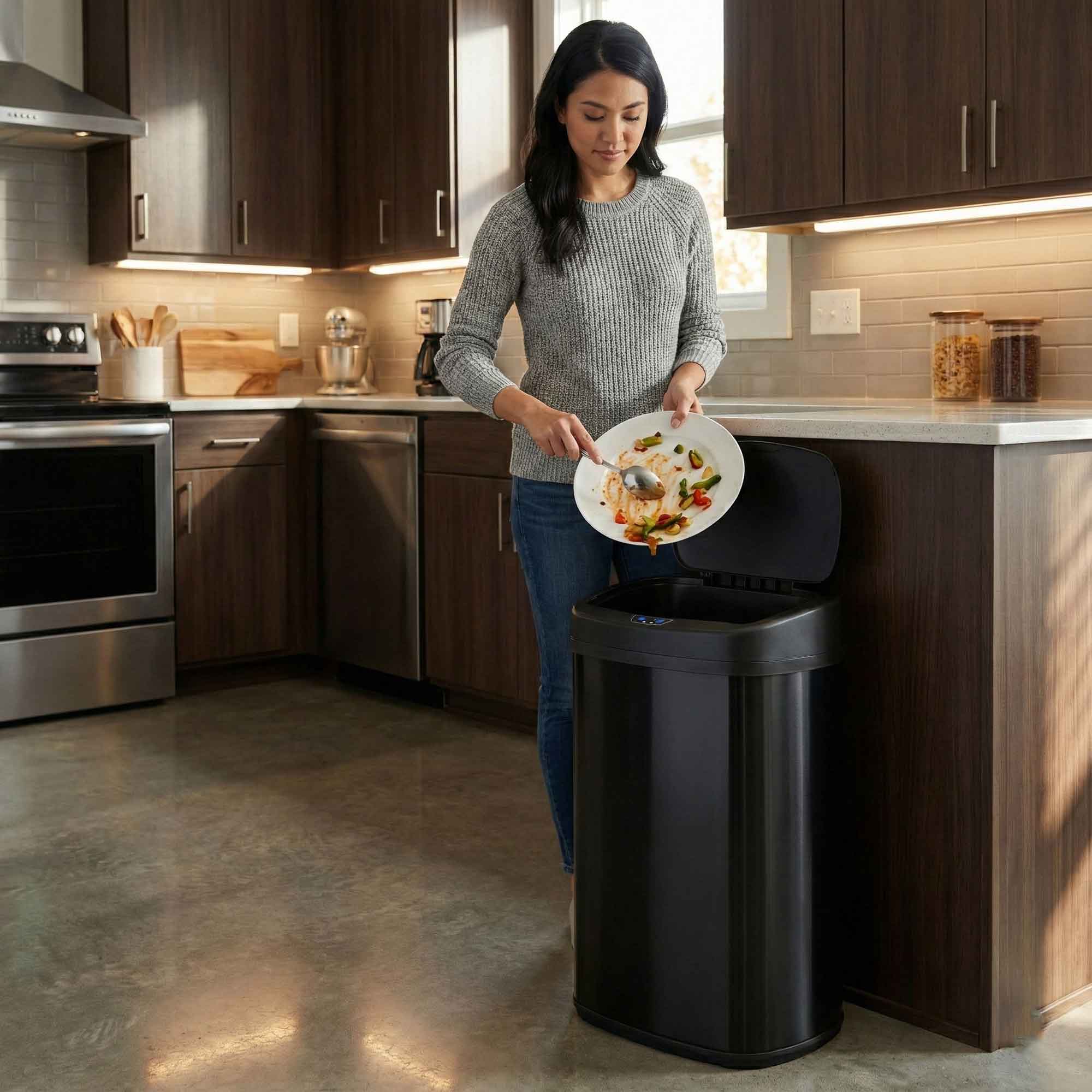 itouchless-13-gallon-oval-matte-black-stainless-steel-sensor-trash-can-with-abso image 2