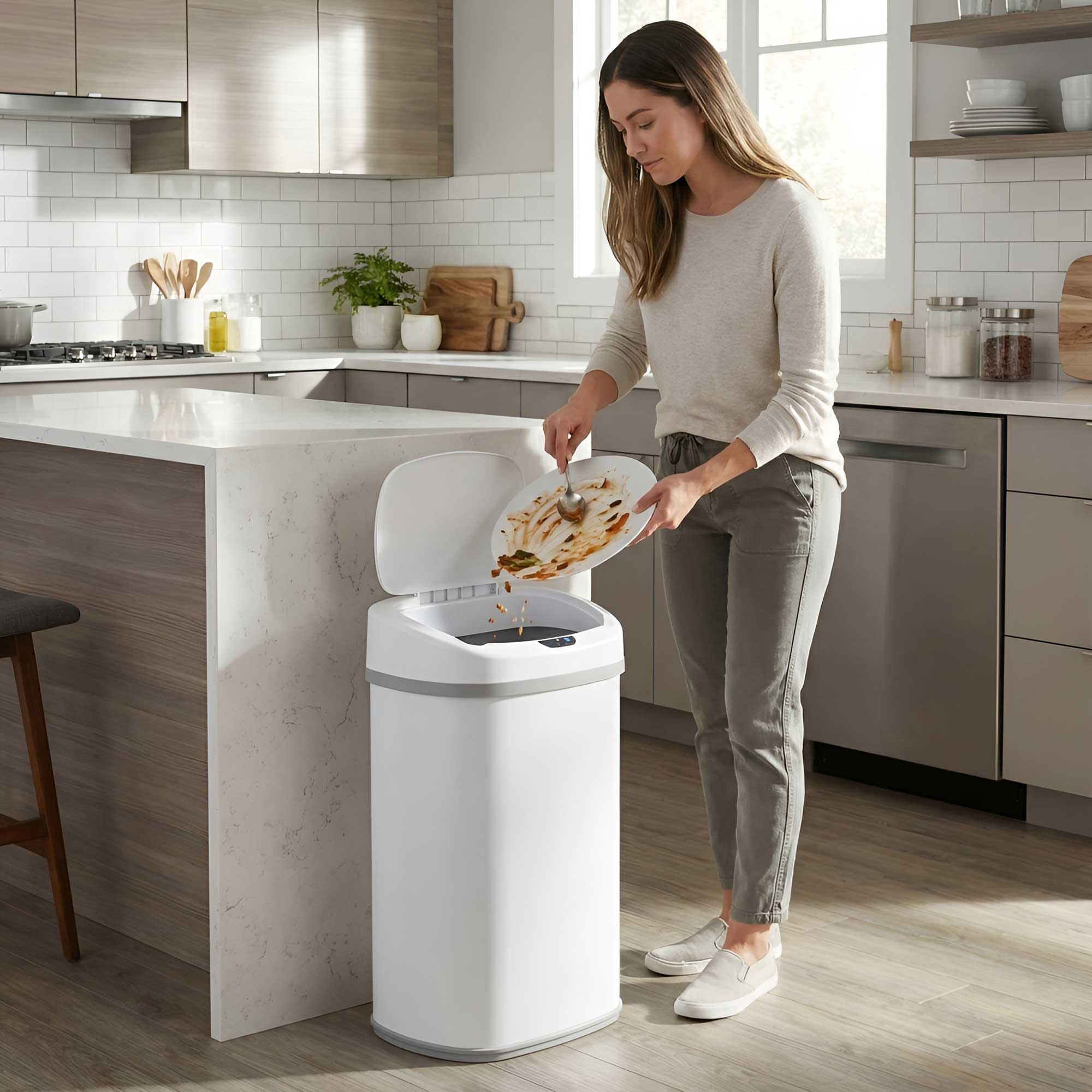 itouchless-13-gallon-oval-chalk-white-stainless-steel-sensor-trash-can-with-abso image 2